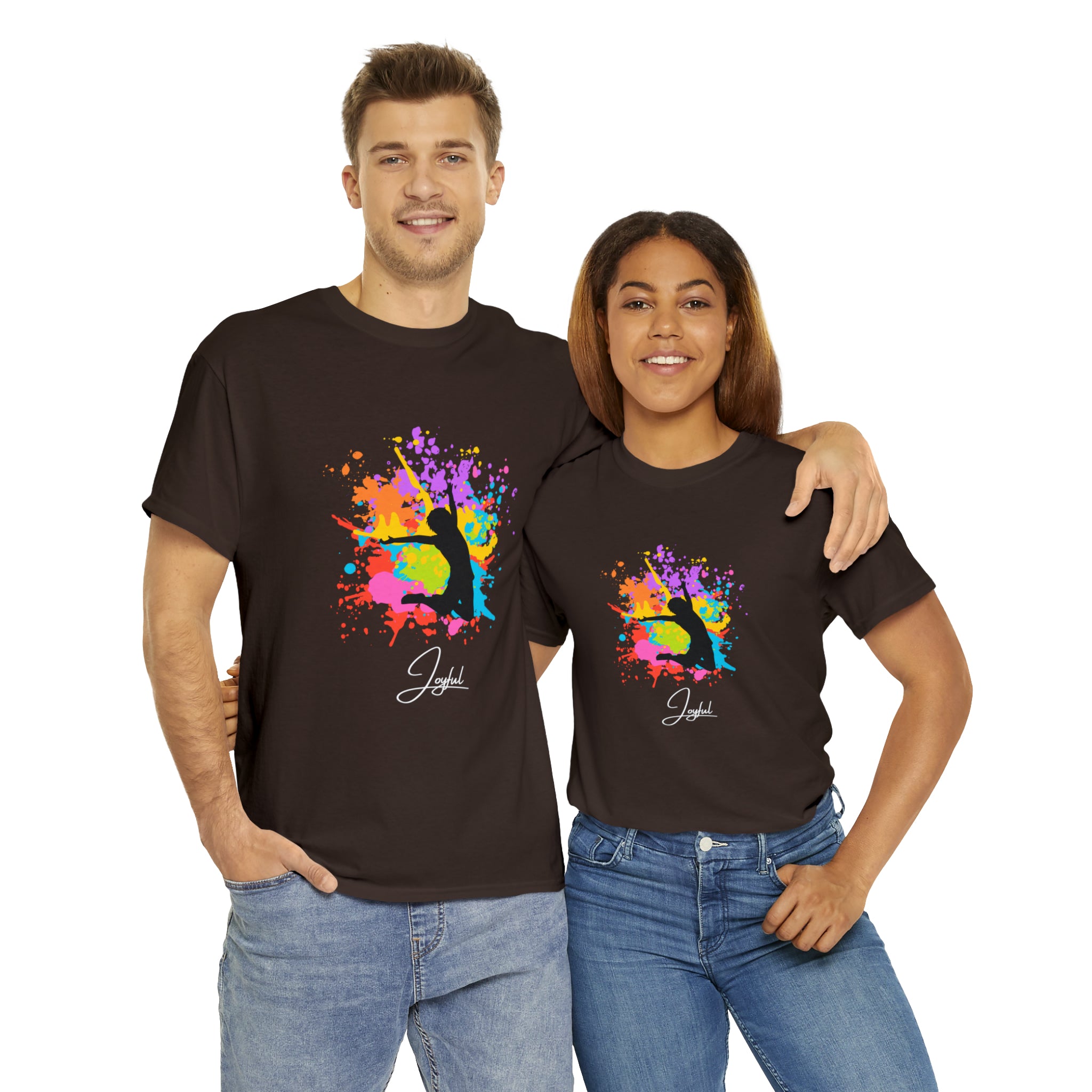 Adult Male and Female wearing dark chocolate T-Shirts with" Joyful" inspired graphic on front.