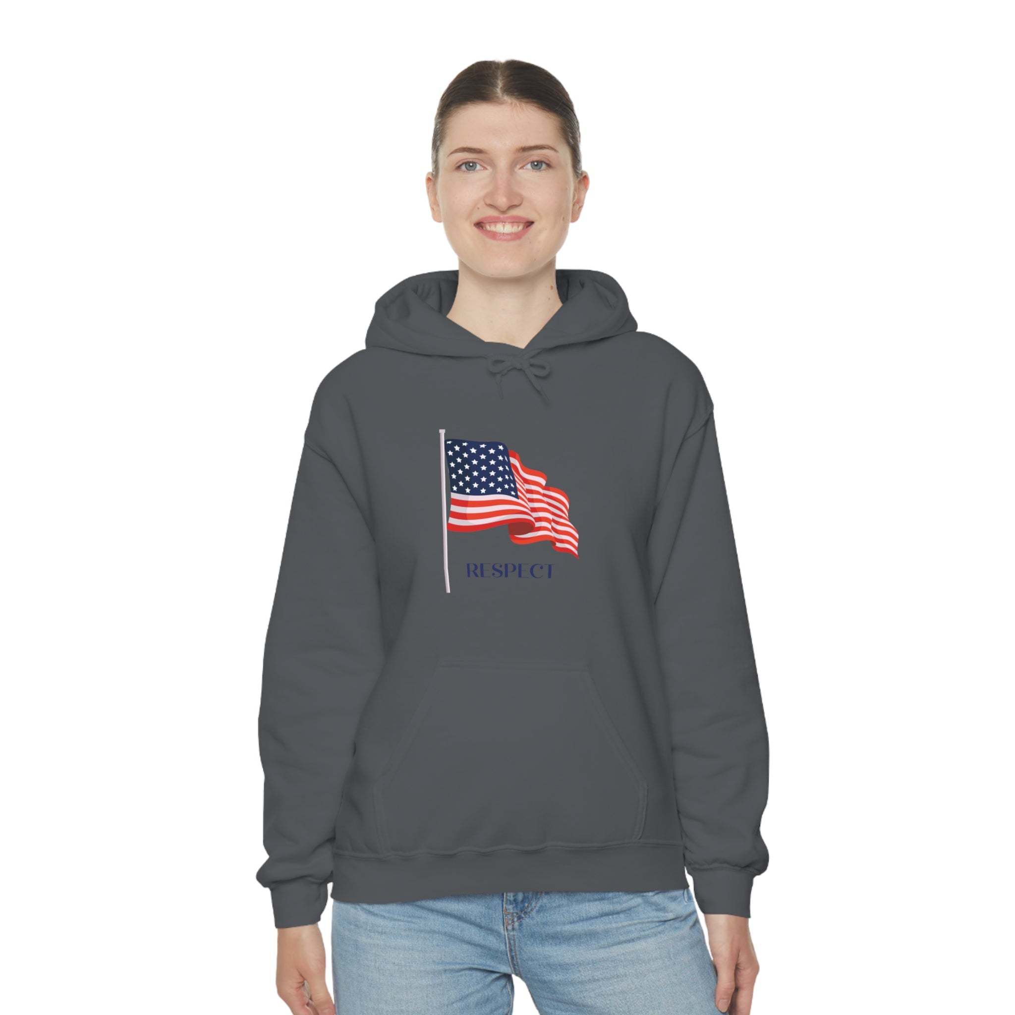 Adult female wearing heather hoodie with "Respect" inspired American Flag on front.
