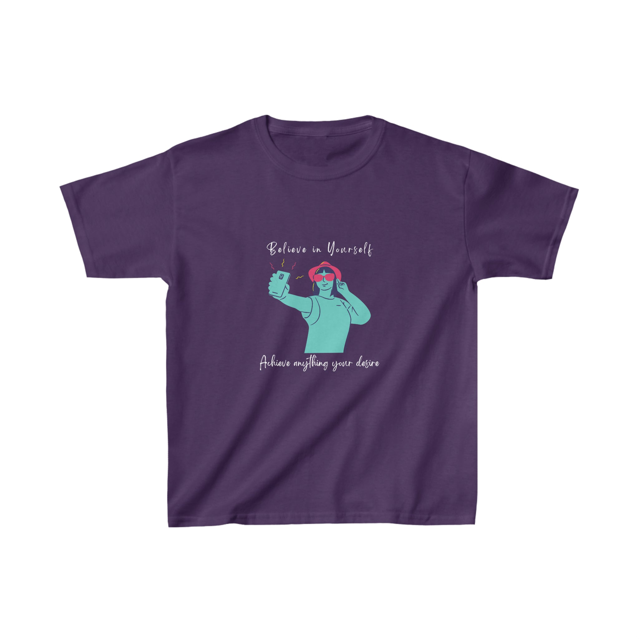 Youth girl purple T-Shirt with "Believe In Yourself Achieve anything your desire" motivational image on front.
