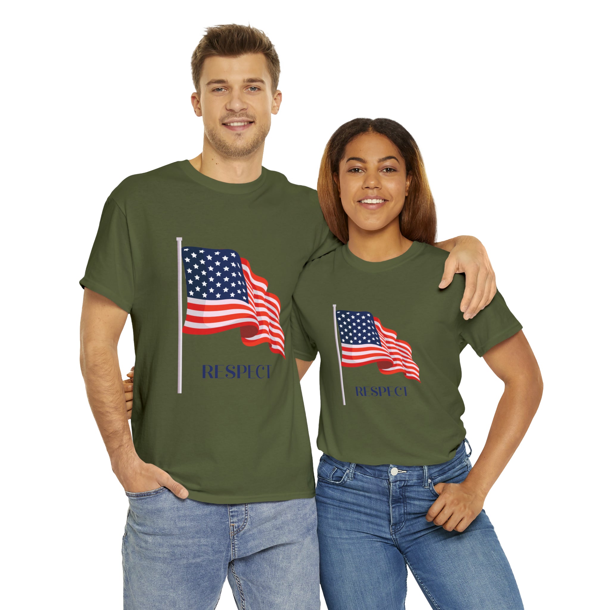 Adult Man & Women wearing army green T-Shirt " Respect" American flag on front.