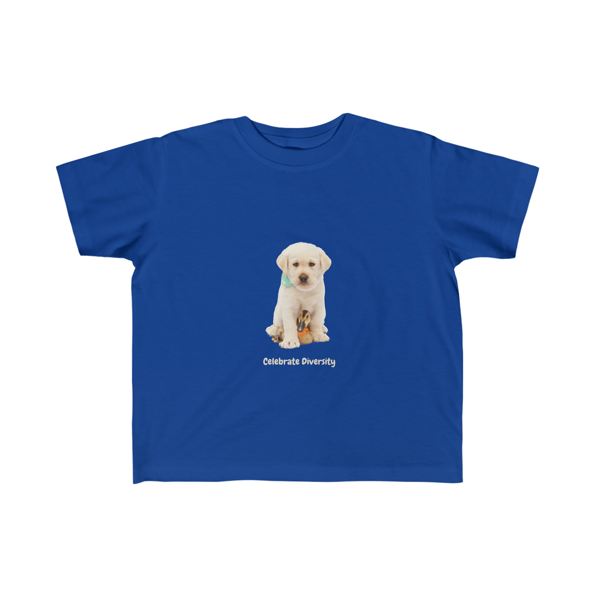 Toddlers size royal blue T-shirt with "Celebrate Diversity" graphic with puppy and duck on front.