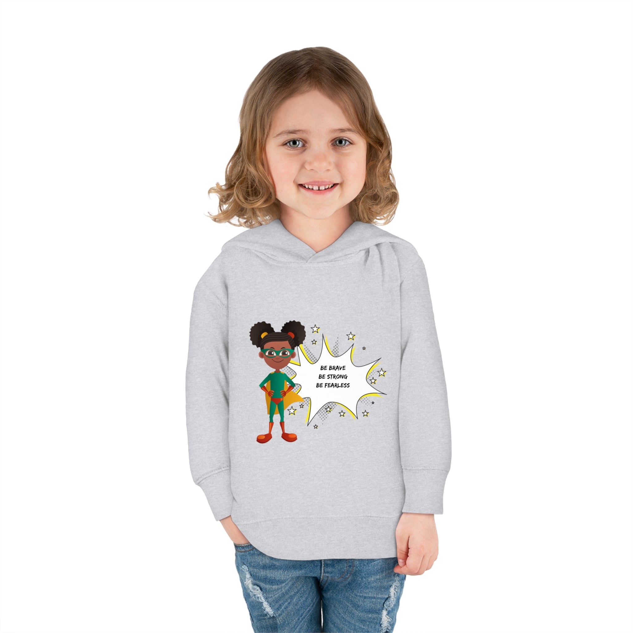 Toddler girl model wearing sports grey hoodie with girl superhero image with Be Bold Be Strong Be Fearless image on front