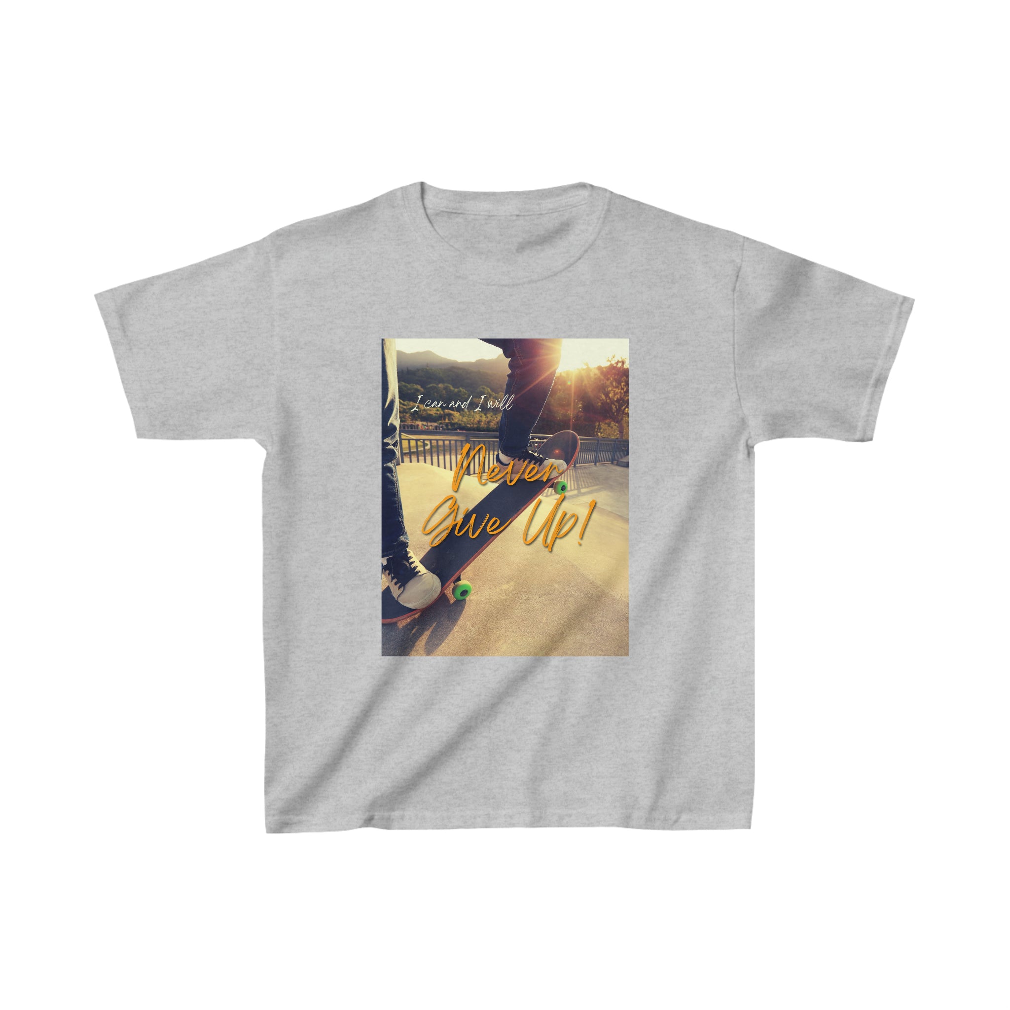 Youth sport grey T-shirt with " I will I can Never give Up" image on front.