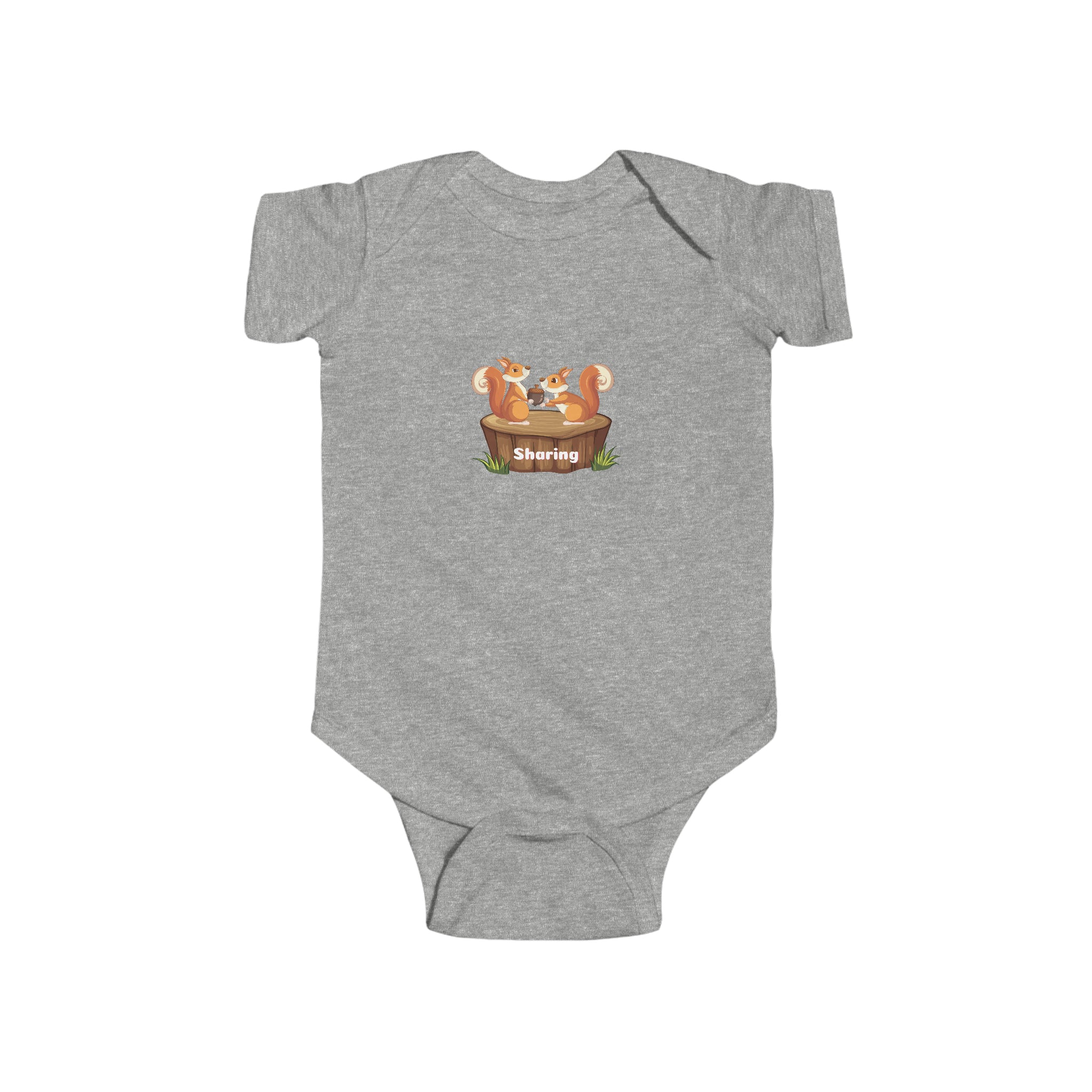 Infant unisex grey onesie with "Sharing" inspired two squirrels graphic on front.