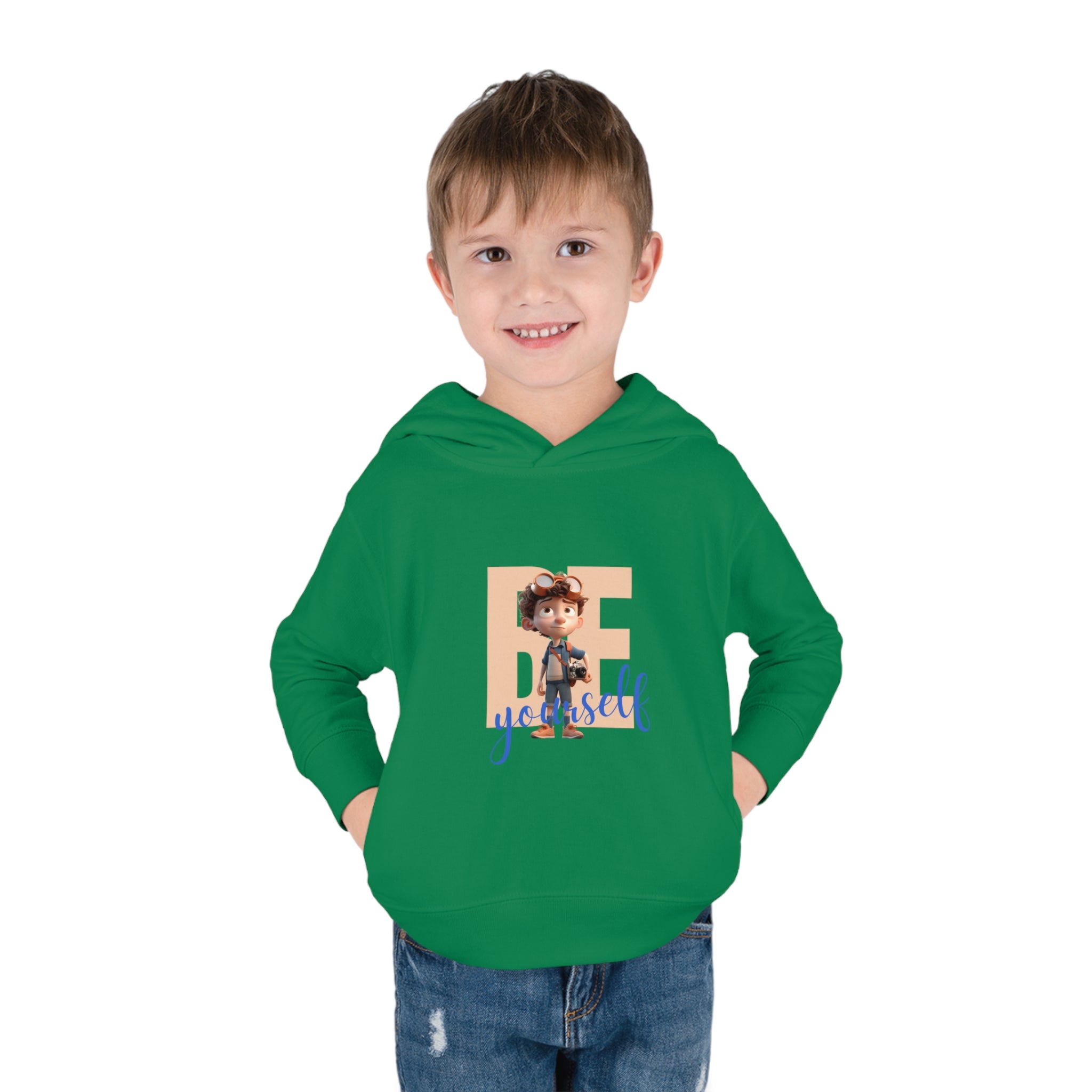 Toddler boy wearing irish green hoodie " Be Yourself" Image on front