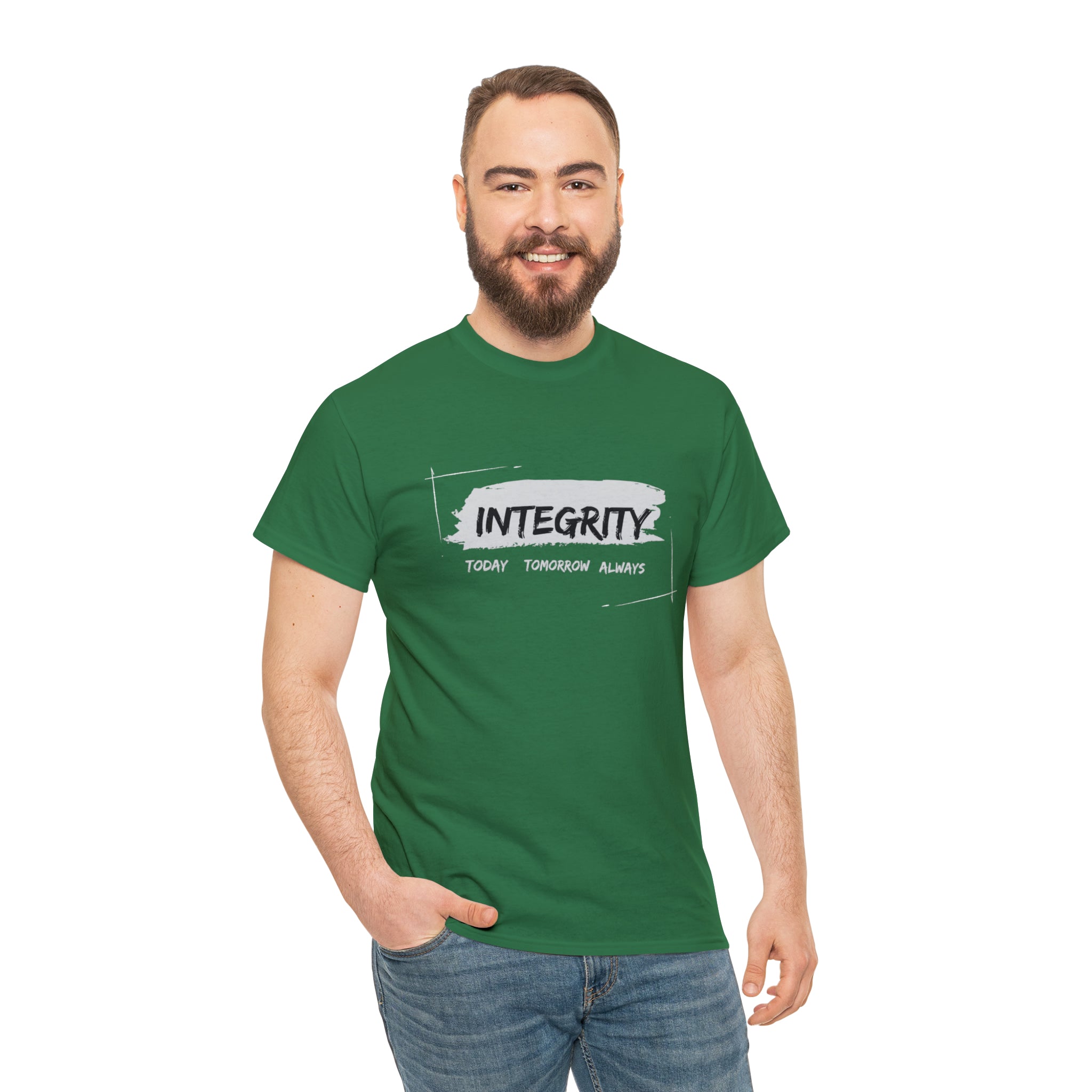 Adult man wearing kelly green T-Shirt " Integrity Today Tomorrow Always" inspired image.