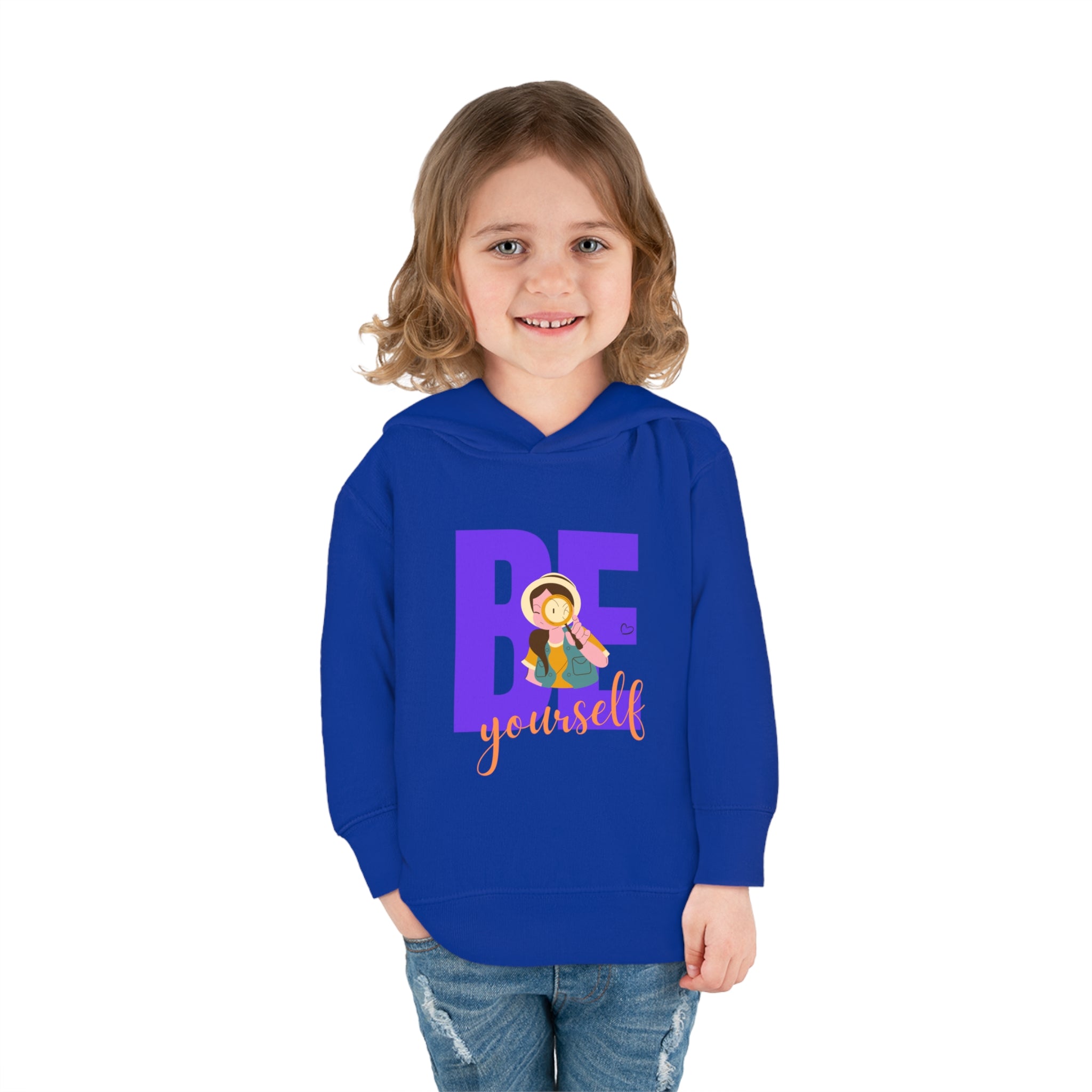 Toddler girls wearing royal blue hoodie with "Be Yourself" motivational image on front.