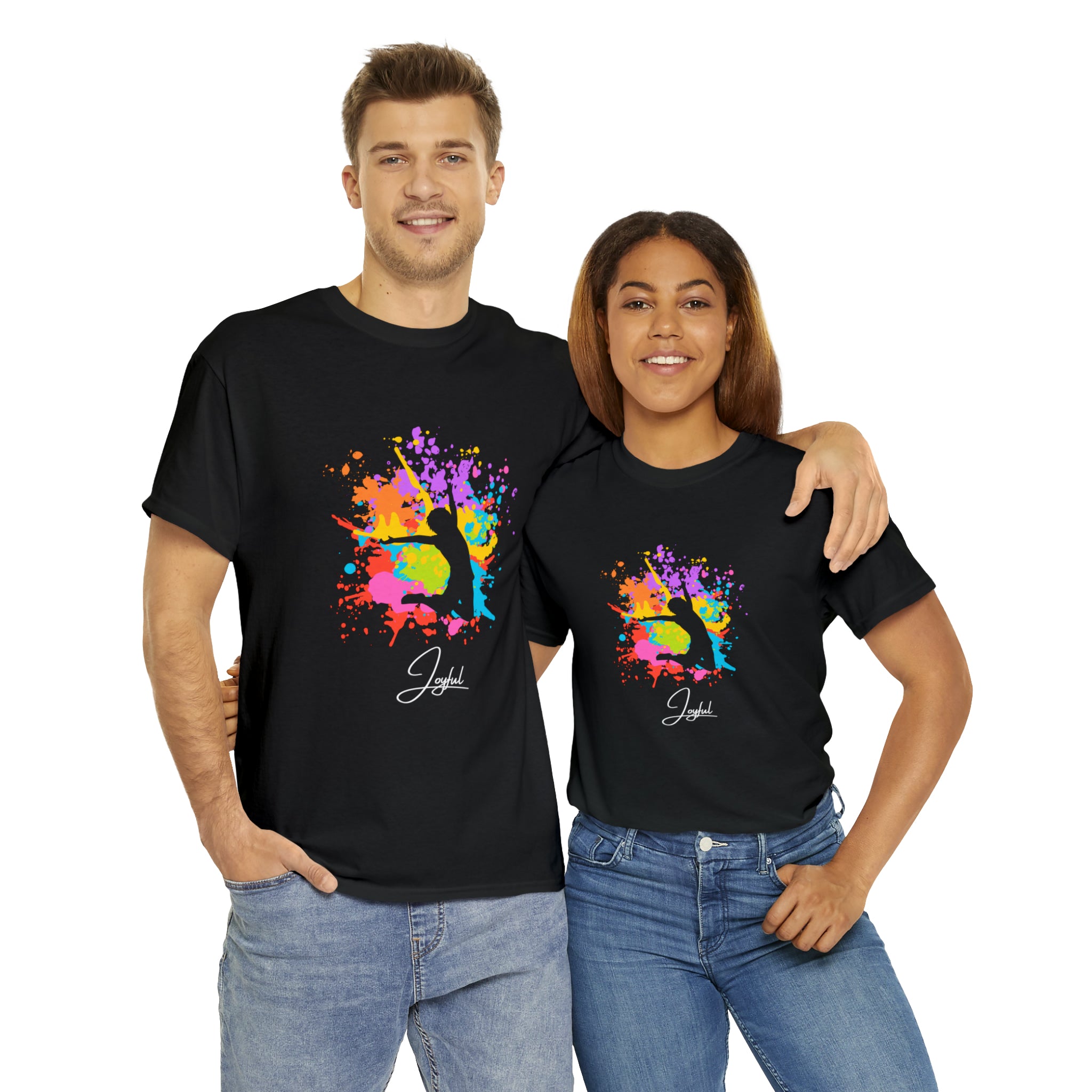 Adult Male and Female wearing black T-Shirts with" Joyful" inspired graphic on front.