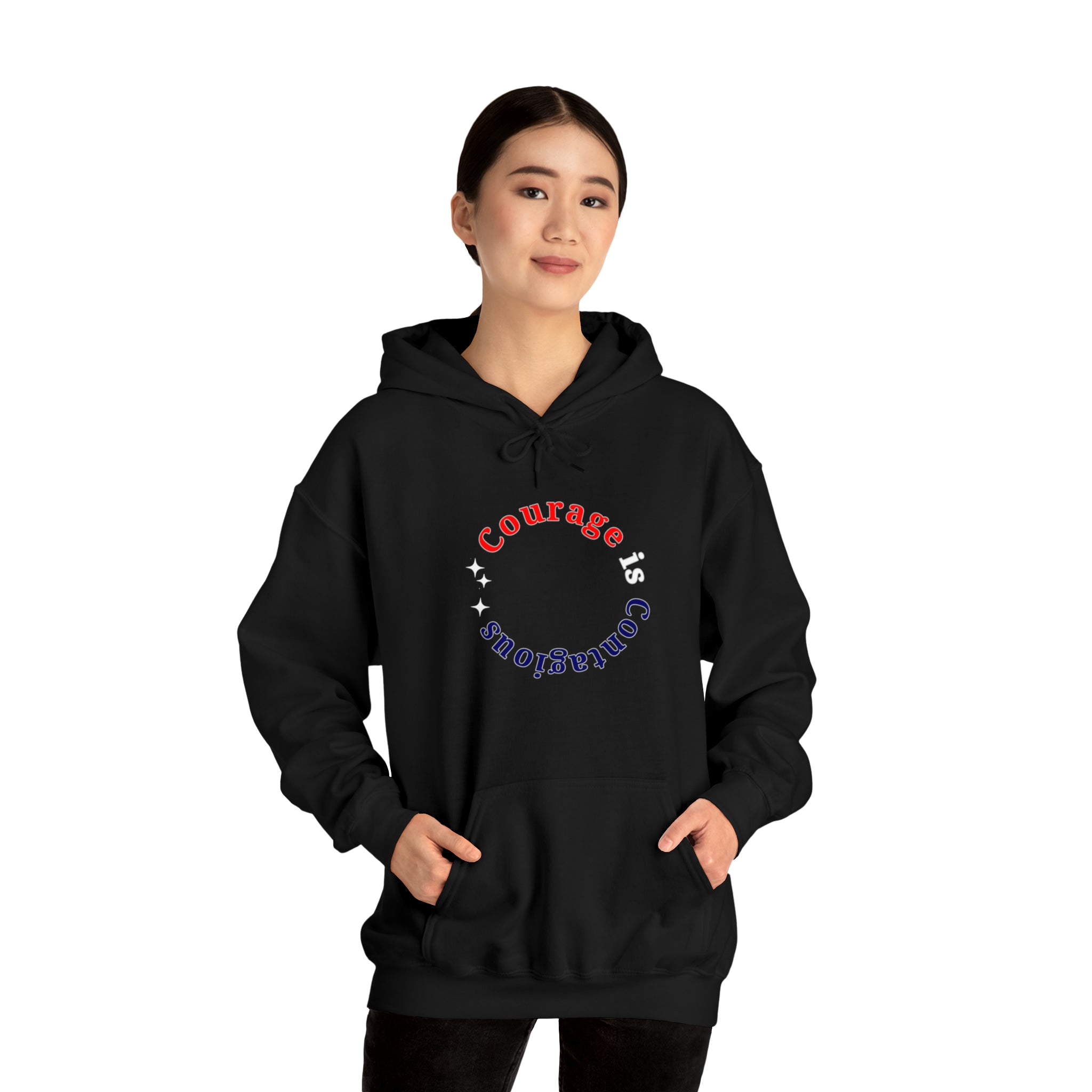Adult Women wearing black hoodie " Courage is Contagious" inspired message on front.
