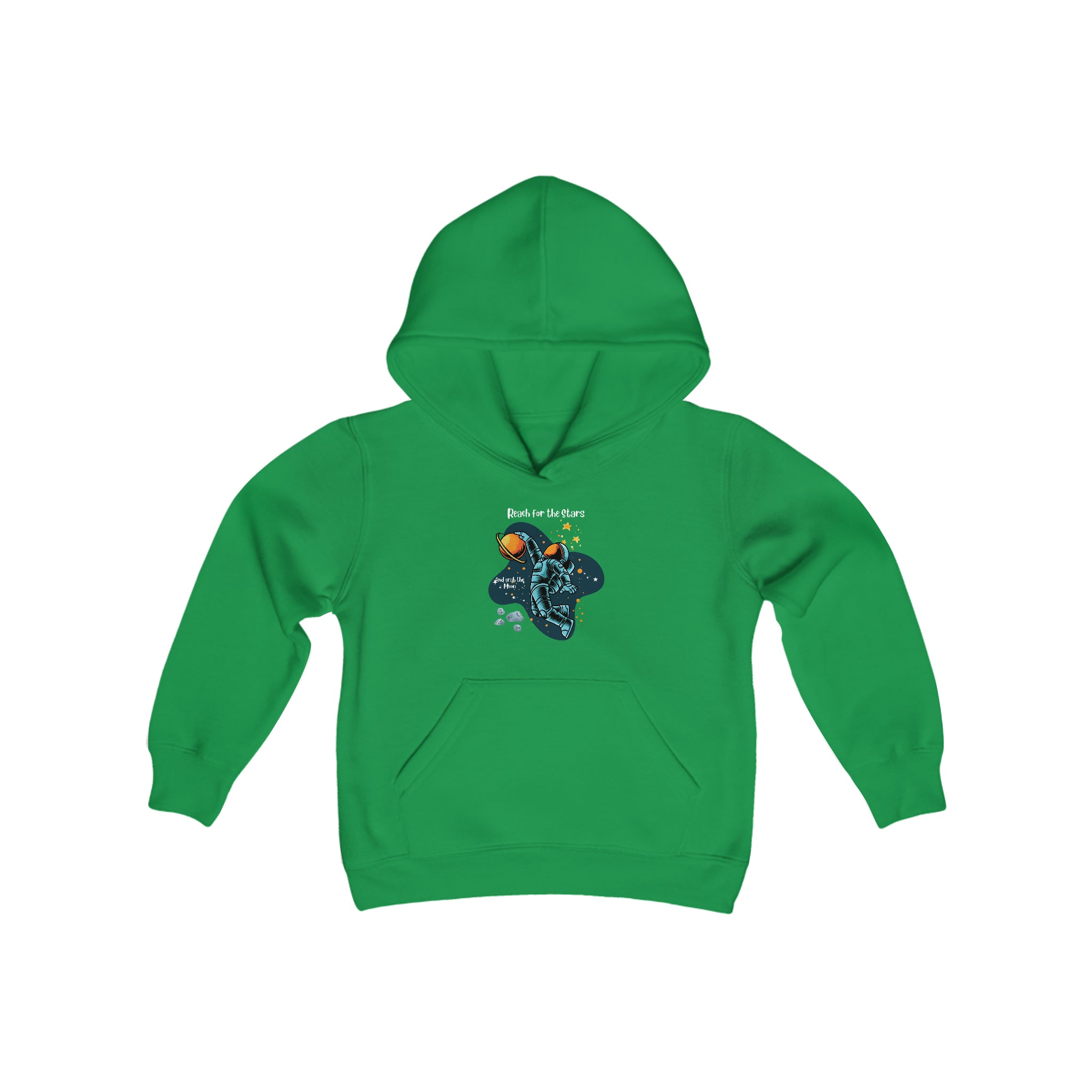 Youth unisex Irish green sweatshirt with "Reach for the stars but grab the moon" motivational image on front.