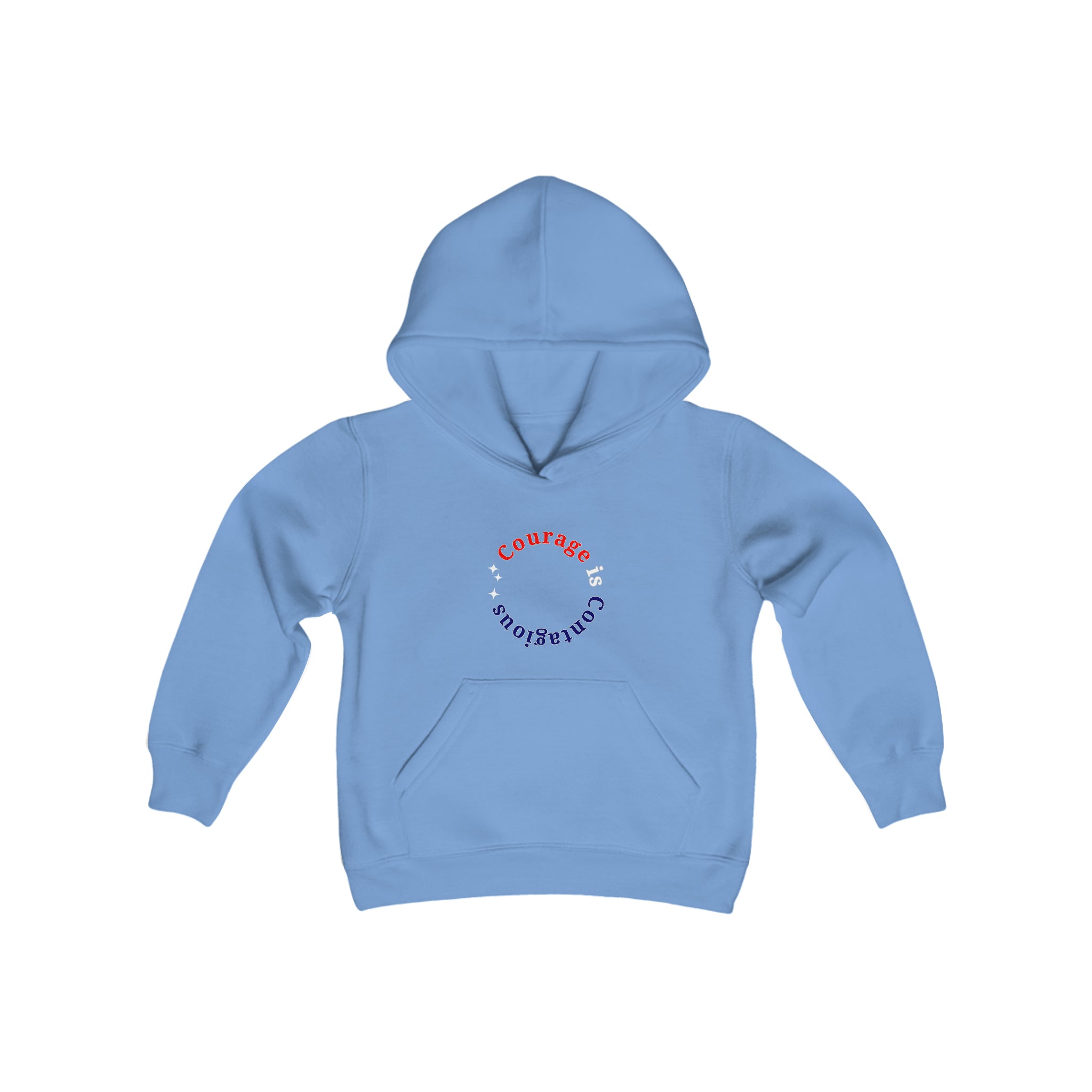 Youth unisex carolina blue hoodie " Courage is Contagious" inspired message on front.