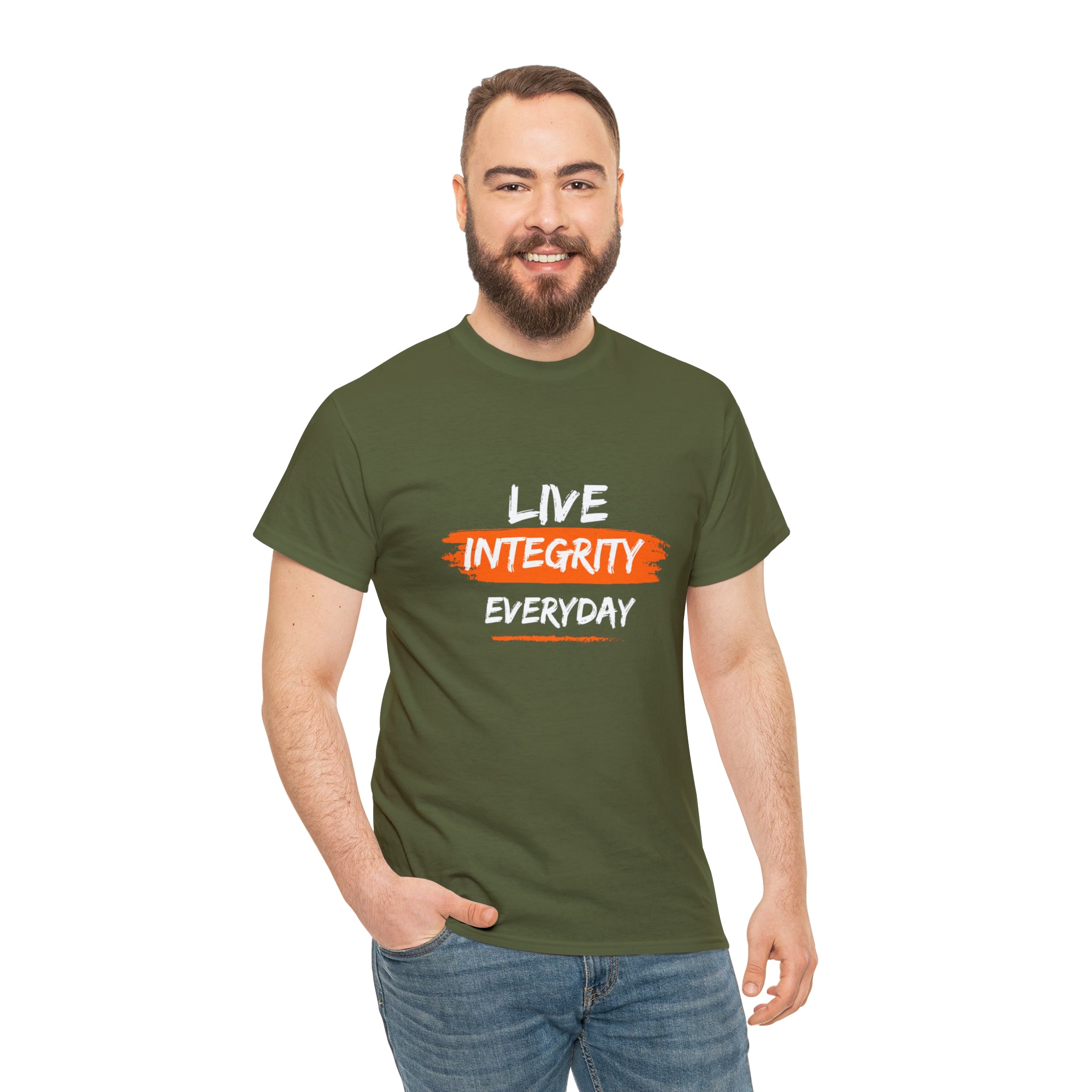 Adult male wearing army green T-Shirt " Live Integrity Everyday" inspired images