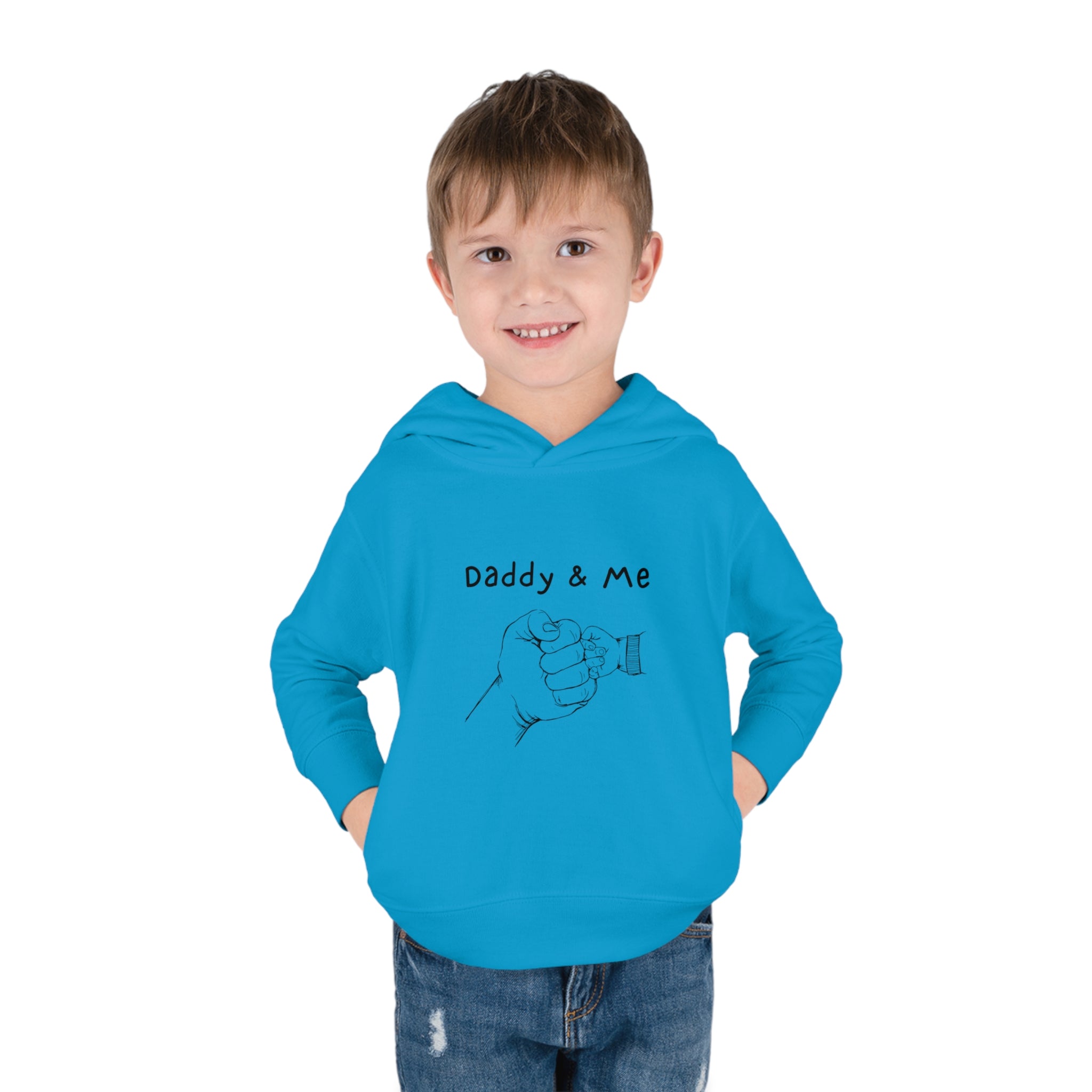 Toddler boy royal hoodie " Daddy & Me" with fist bumps hands on front.