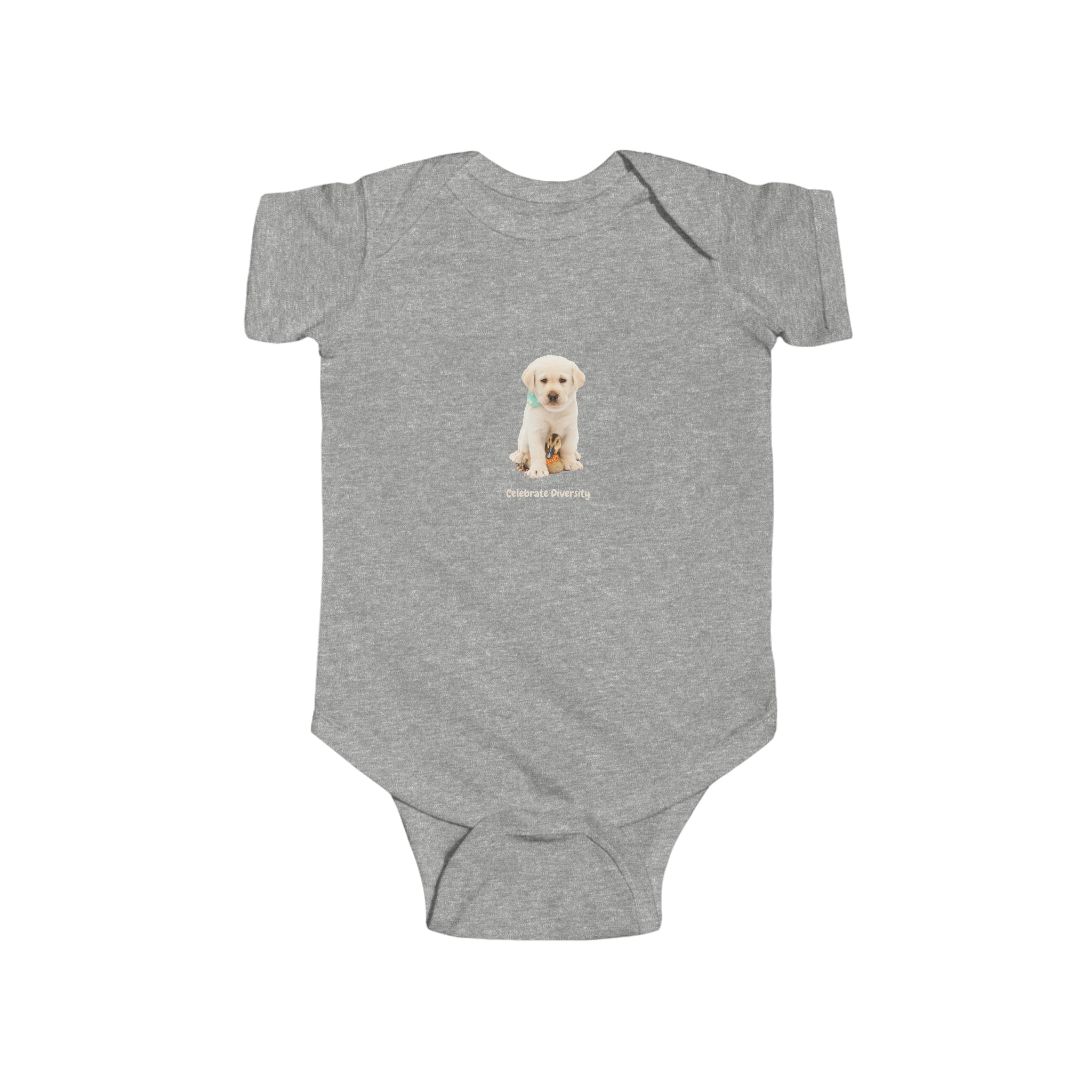 Infant unisex grey onesie with "Celebrate Diversity" inspired graphic with puppy and duck on front.