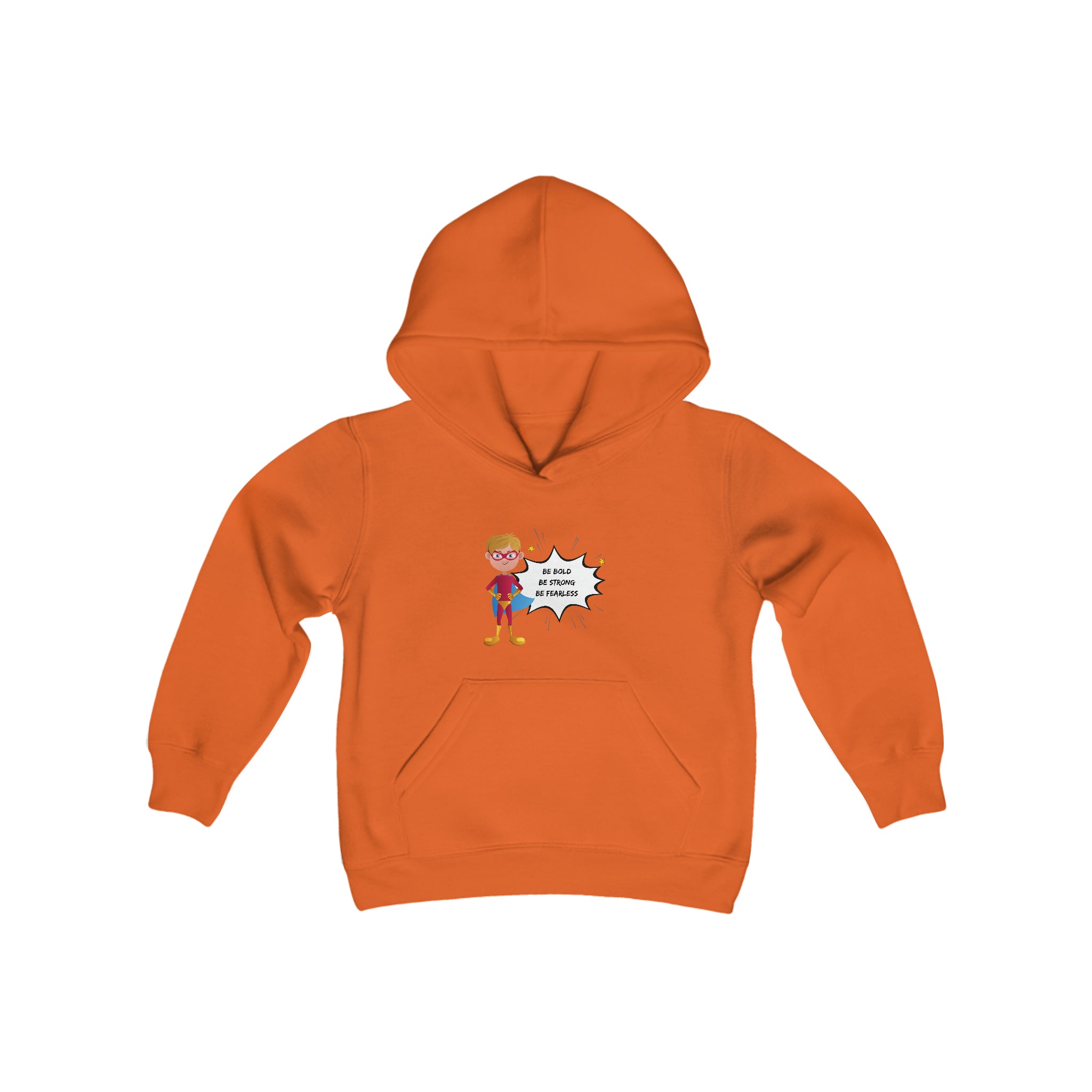 Youth Boys orange hoodie with "Be Bold Be Strong Be Fearless " Superhero inspired graphic on front