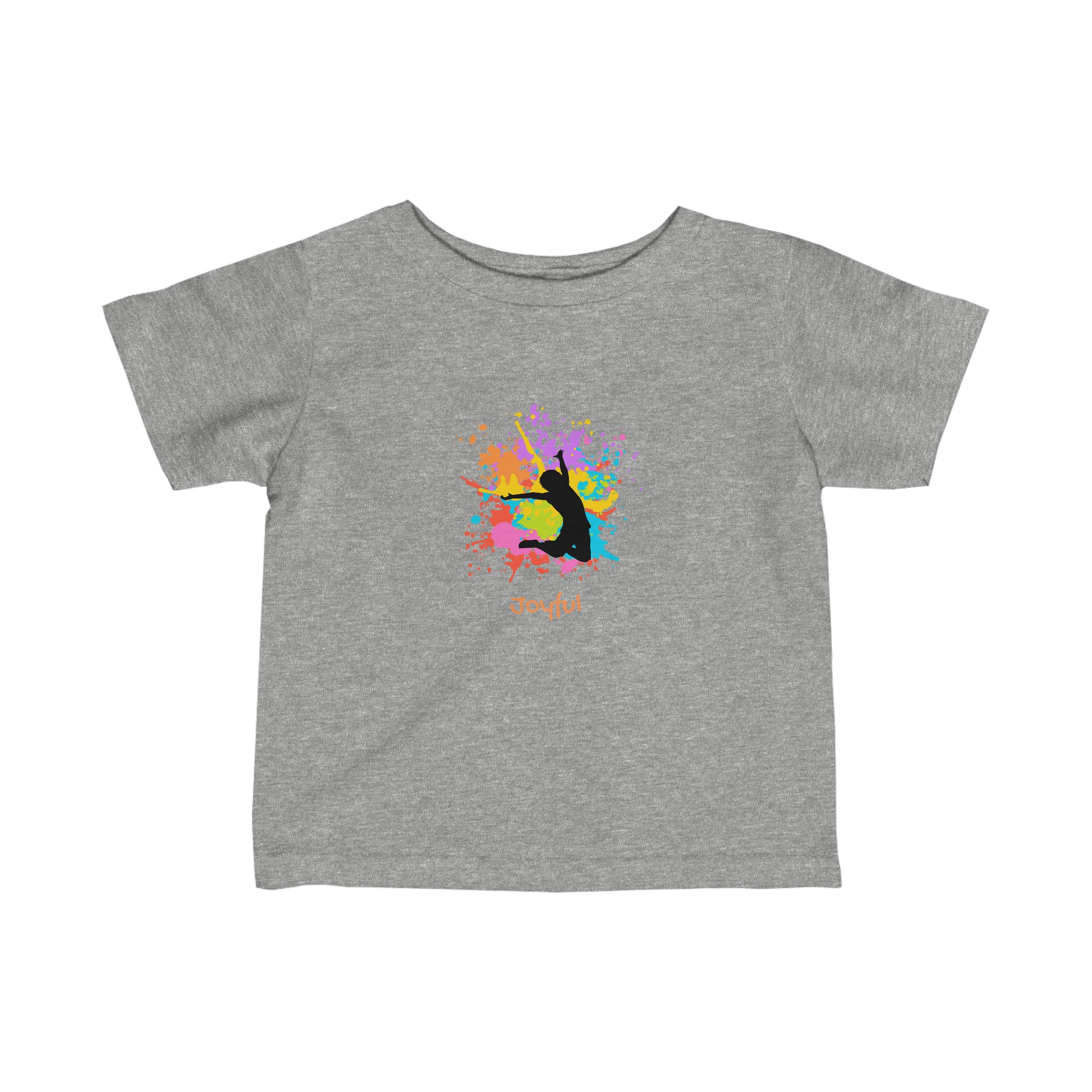 Infant unisex grey T-Shirts with" Joyful" inspired graphic on front.