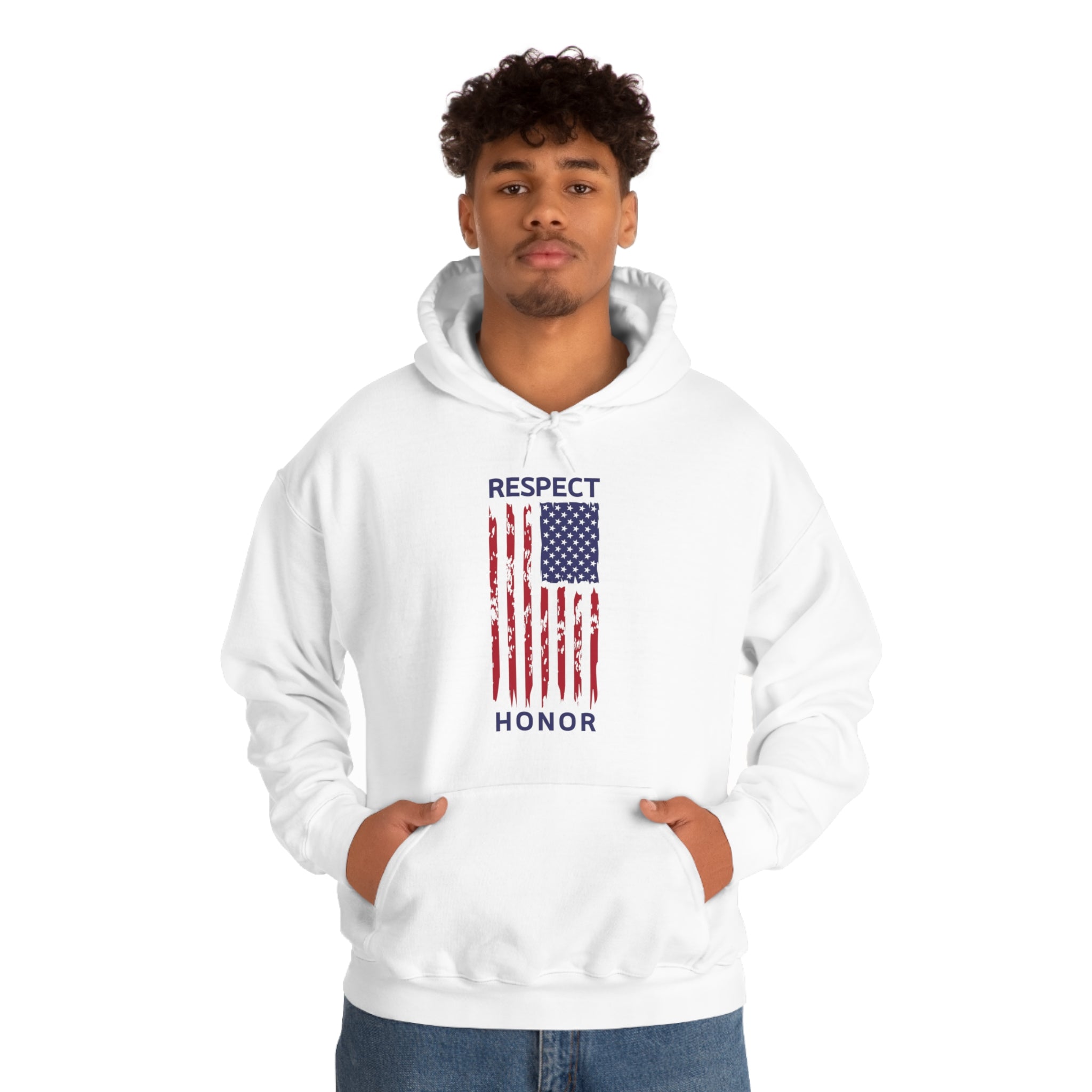 Adult Male wearing white hoodie with "Respect Honor" Inspired Rustic American Flag on front.