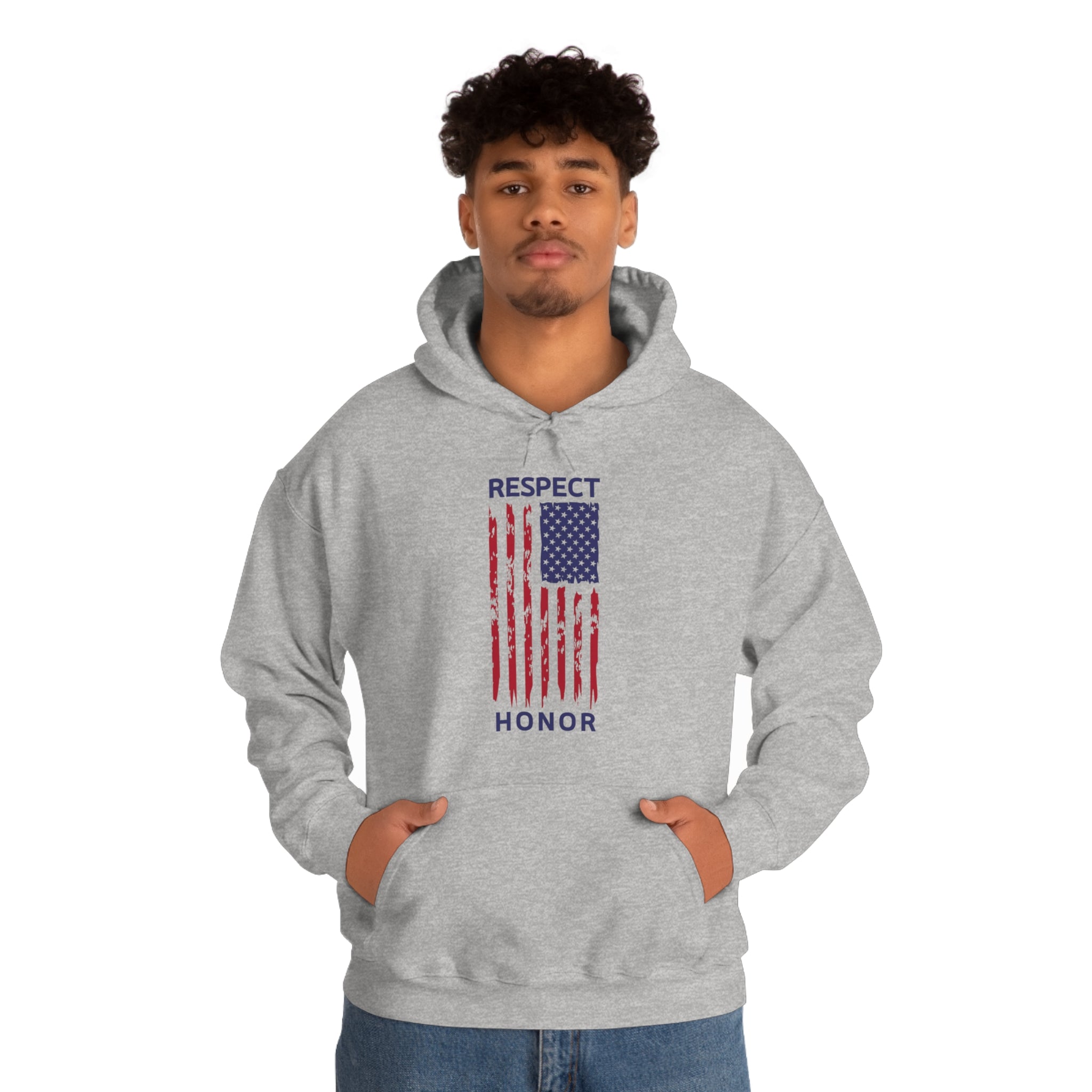 Adult Male wearing sports grey hoodie with "Respect Honor" Inspired Rustic American Flag on front.