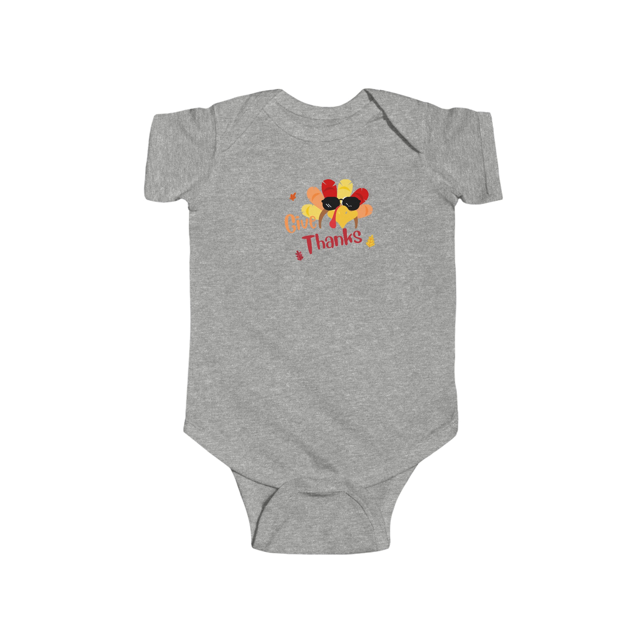 Infant sports grey onesie " Give Thanks" with Turkey head on front.