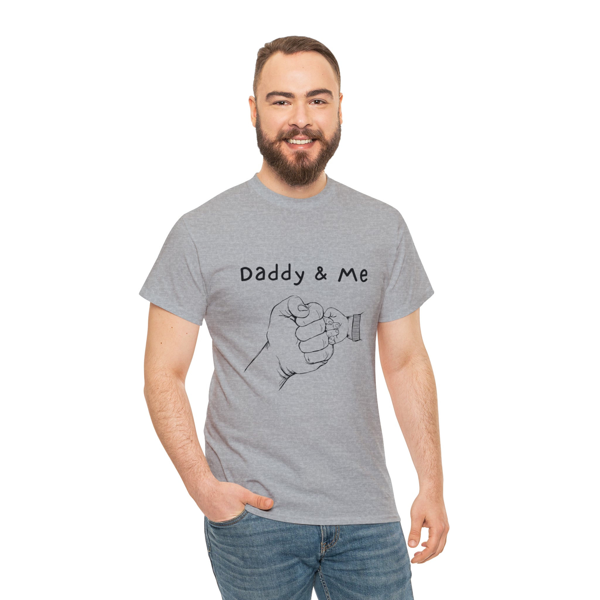 Adult man wearing grey T-Shirt " Daddy & Me" with fist bumps hands on front.
