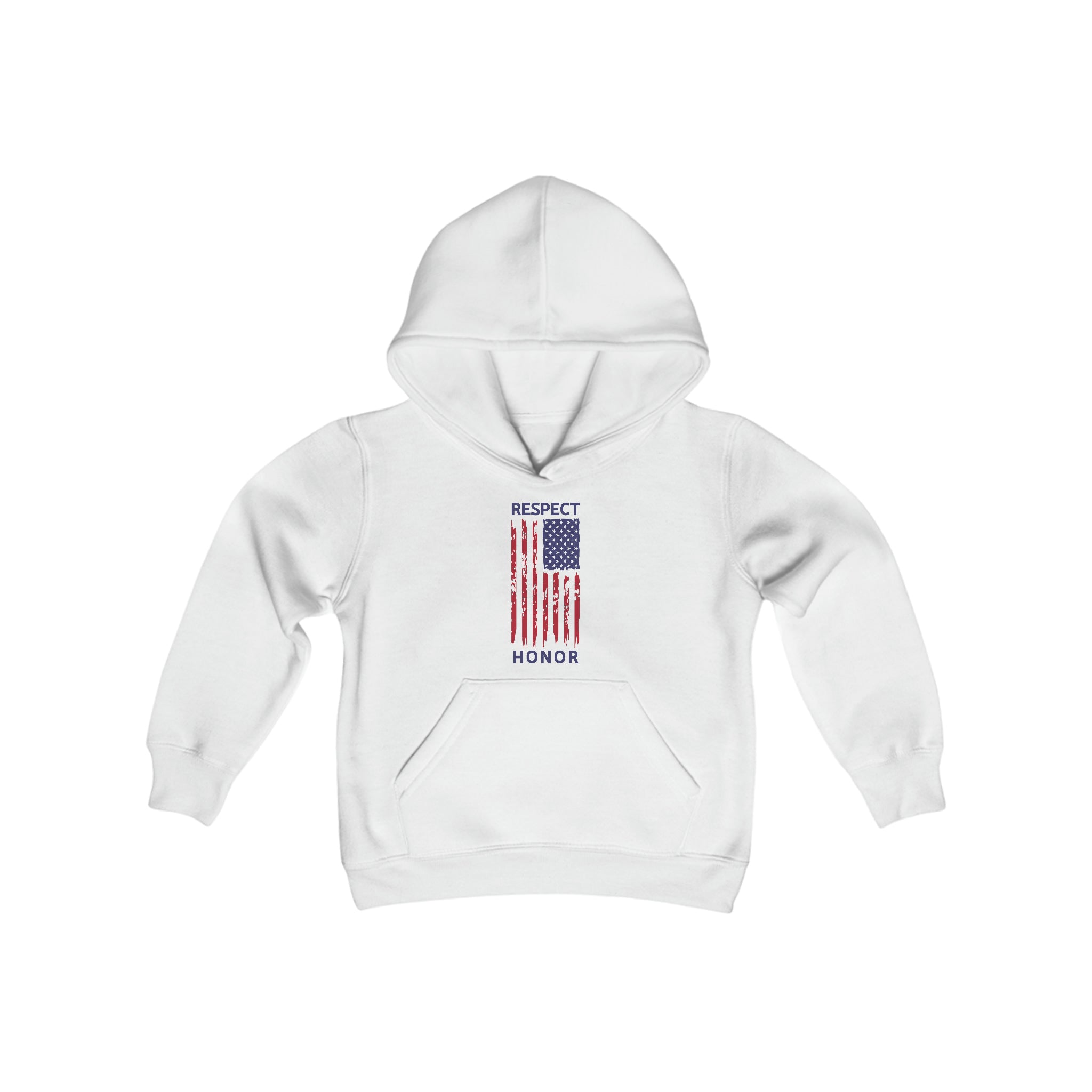 Youth unisex white hoodie with "Respect and Honor " inspired Rustic Flag on front.