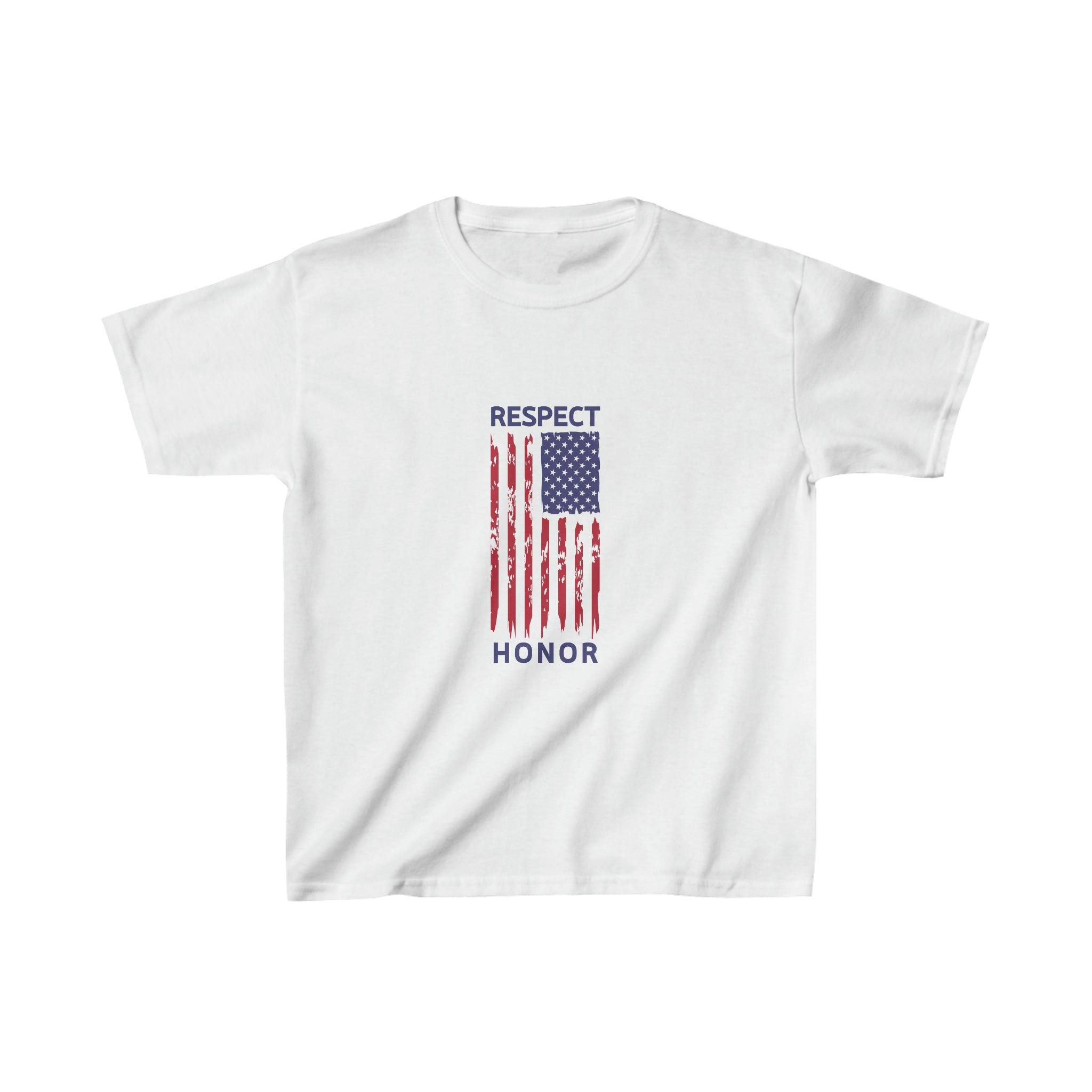 Youth unisex white T-Shirt with "Respect Honor" Inspired Rustic American Flag on front.