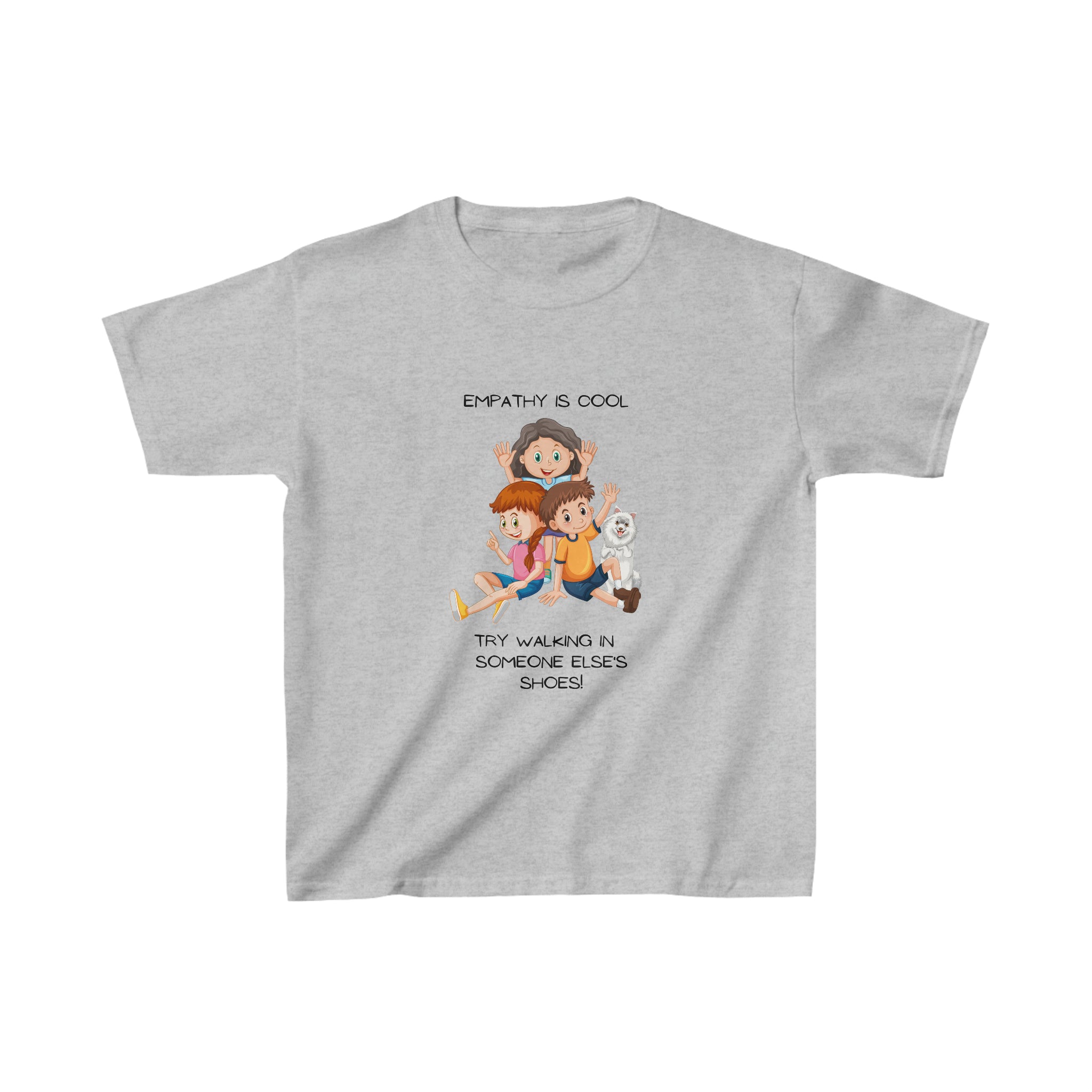 Youth unisex sports grey T-Shirt with "Empathy Is Cool Try Walking In Someone Else's Shoes" Inspired 3 People and a dog graphic on front.