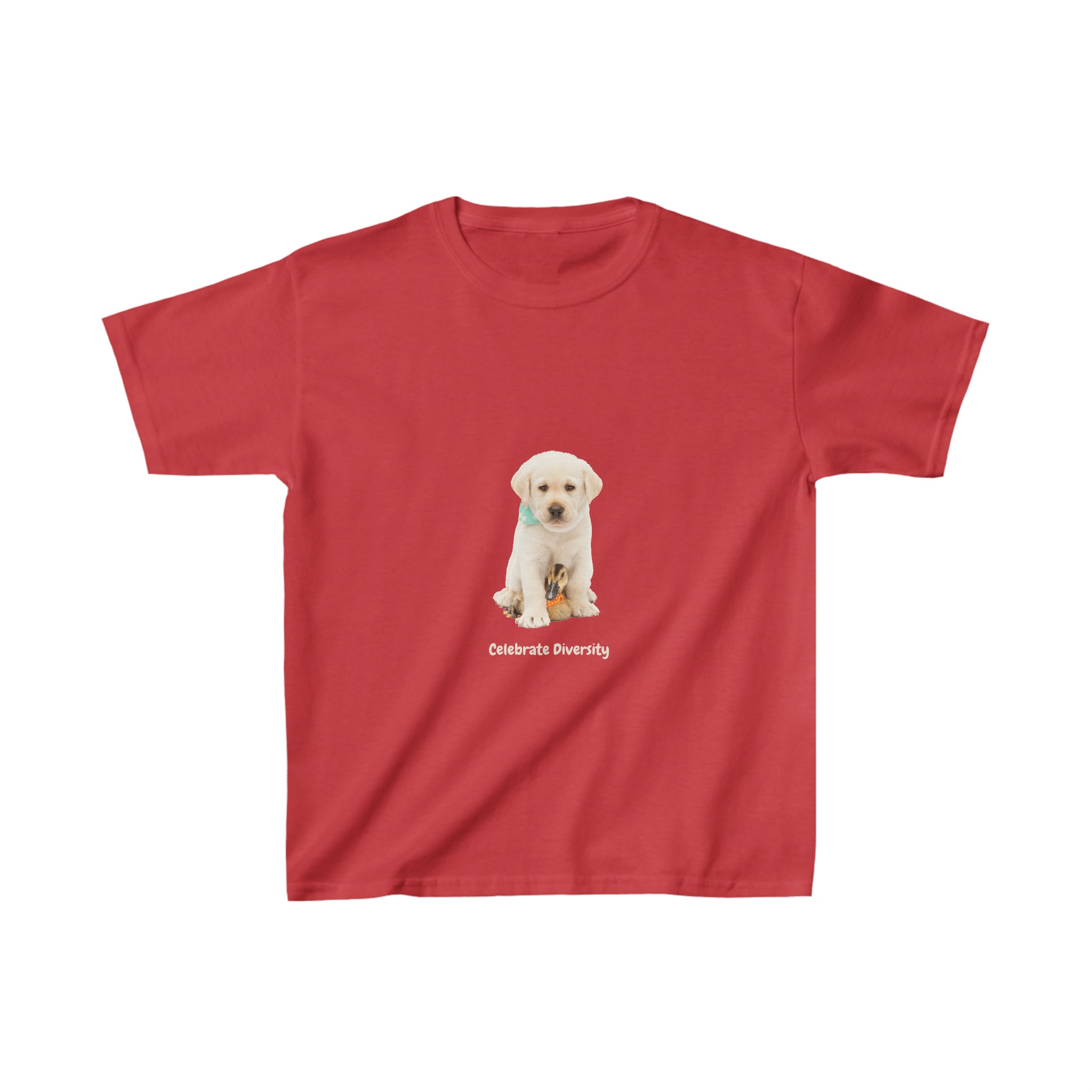 Youth unisex red T-Shirt with "Celebrate Diversity" inspired graphic with puppy and duck on front.