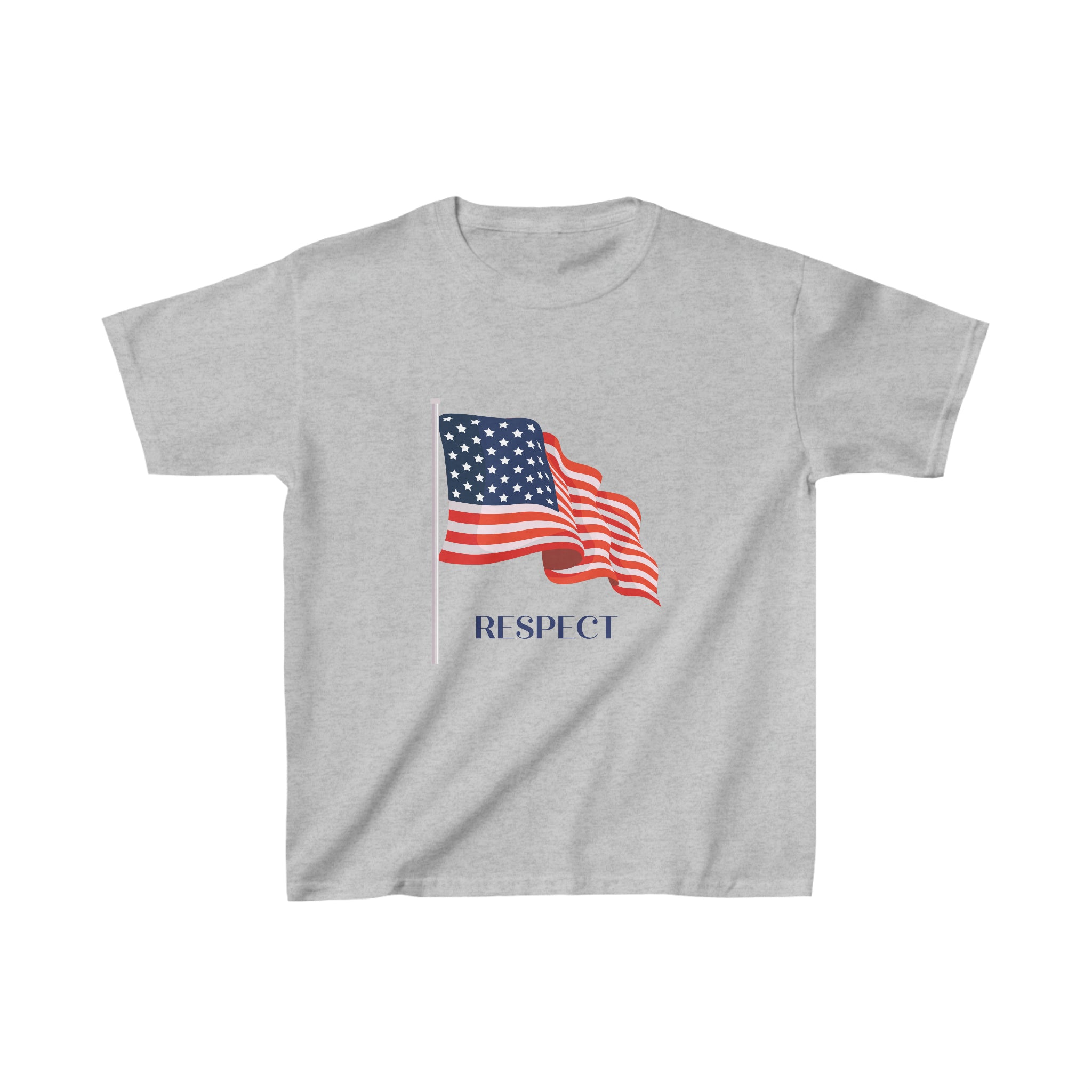 Youth unisex sports grey T-Shirt with "Respect" inspired American Flag on front.