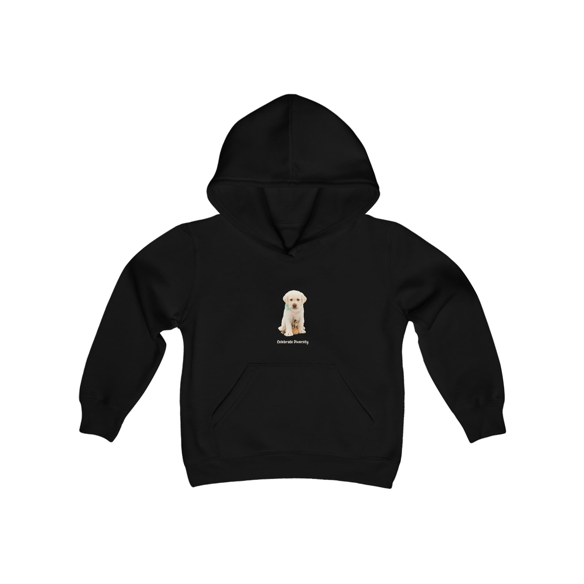Youth unisex black hoodie with "Celebrate Diversity" inspired graphic with puppy and duck on front.