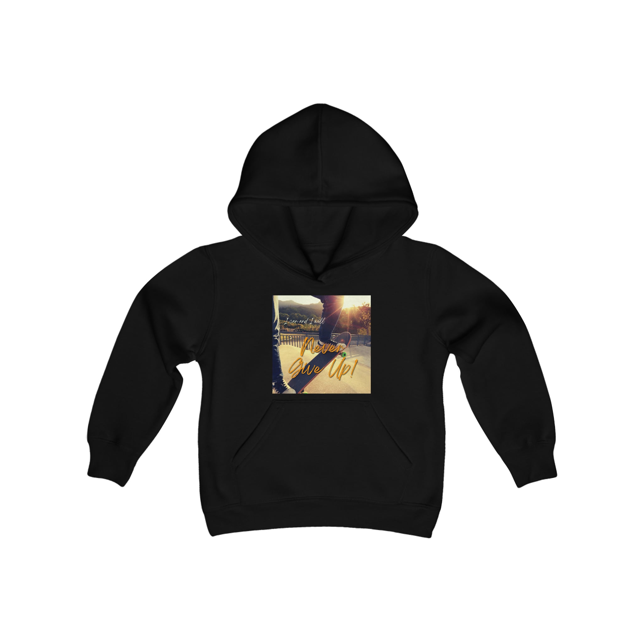 Youth Unisex black Sweatshirt with "I can I will Never give up!" Motivational with Skateboard graphic