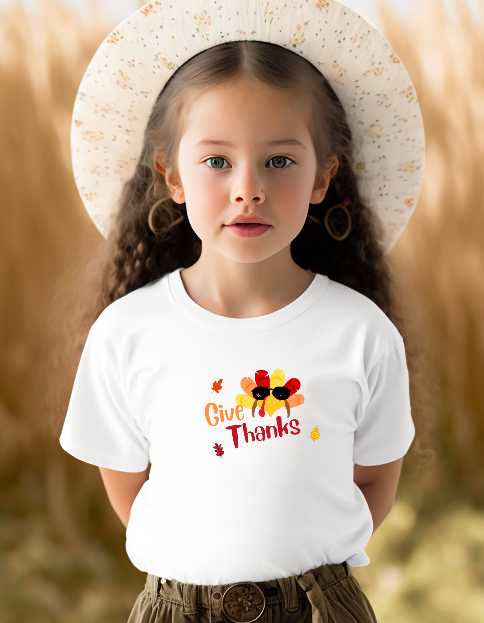 Youth girls wearing white T-Shirt " Give Thanks" with Turkey head on front.