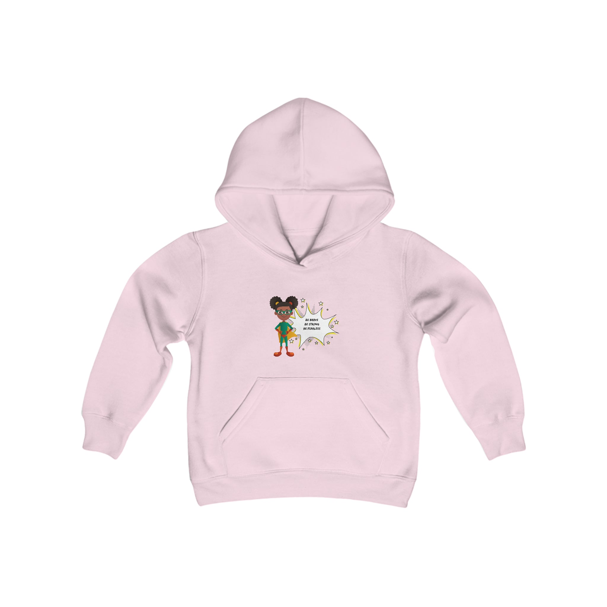 Youth Girls light pink hoodie with "Be Bold Be Strong Be Fearless " superhero motivational graphic on front.