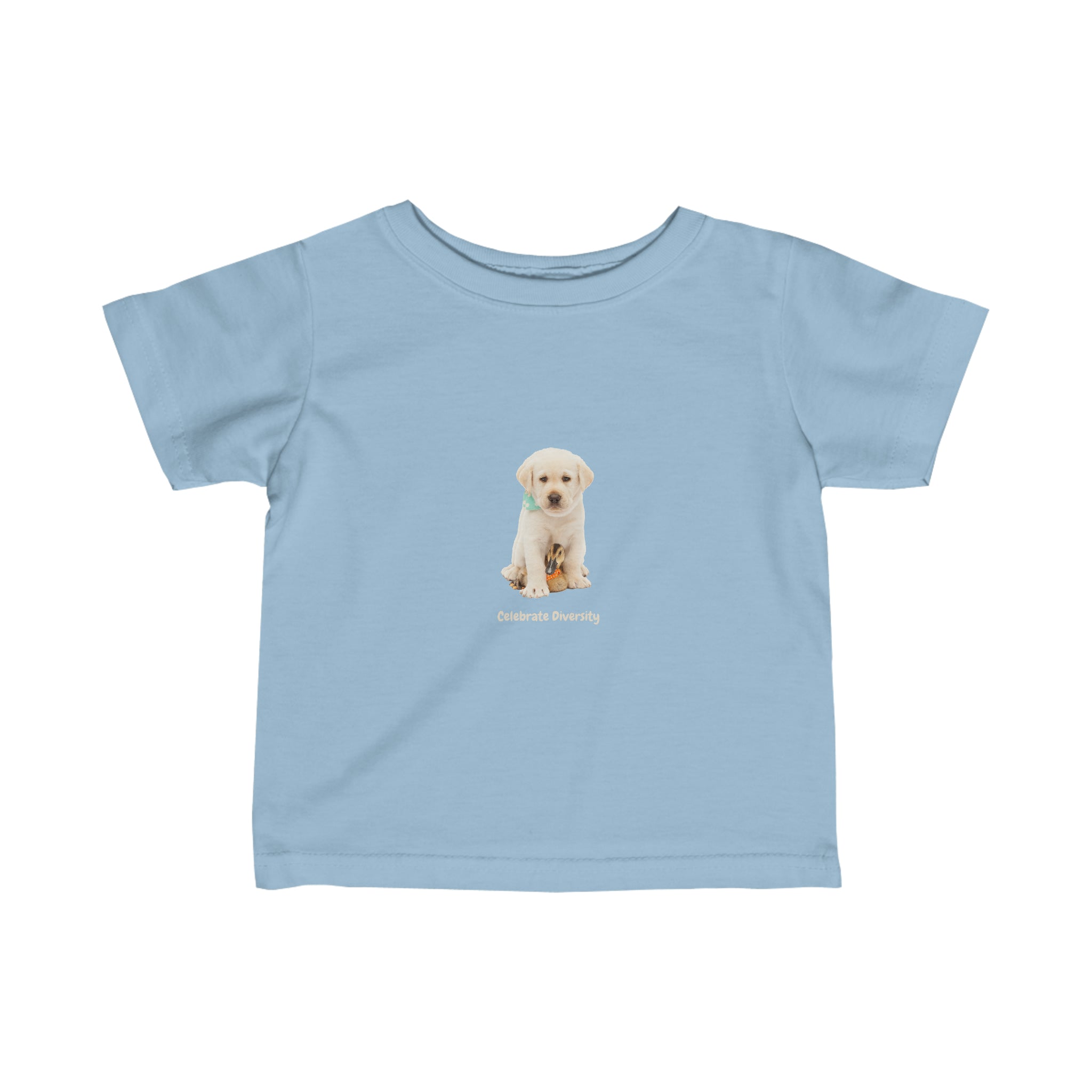 Infant unisex light blue T-shirt with "Celebrate Diversity" inspired graphic with puppy and duck on front.