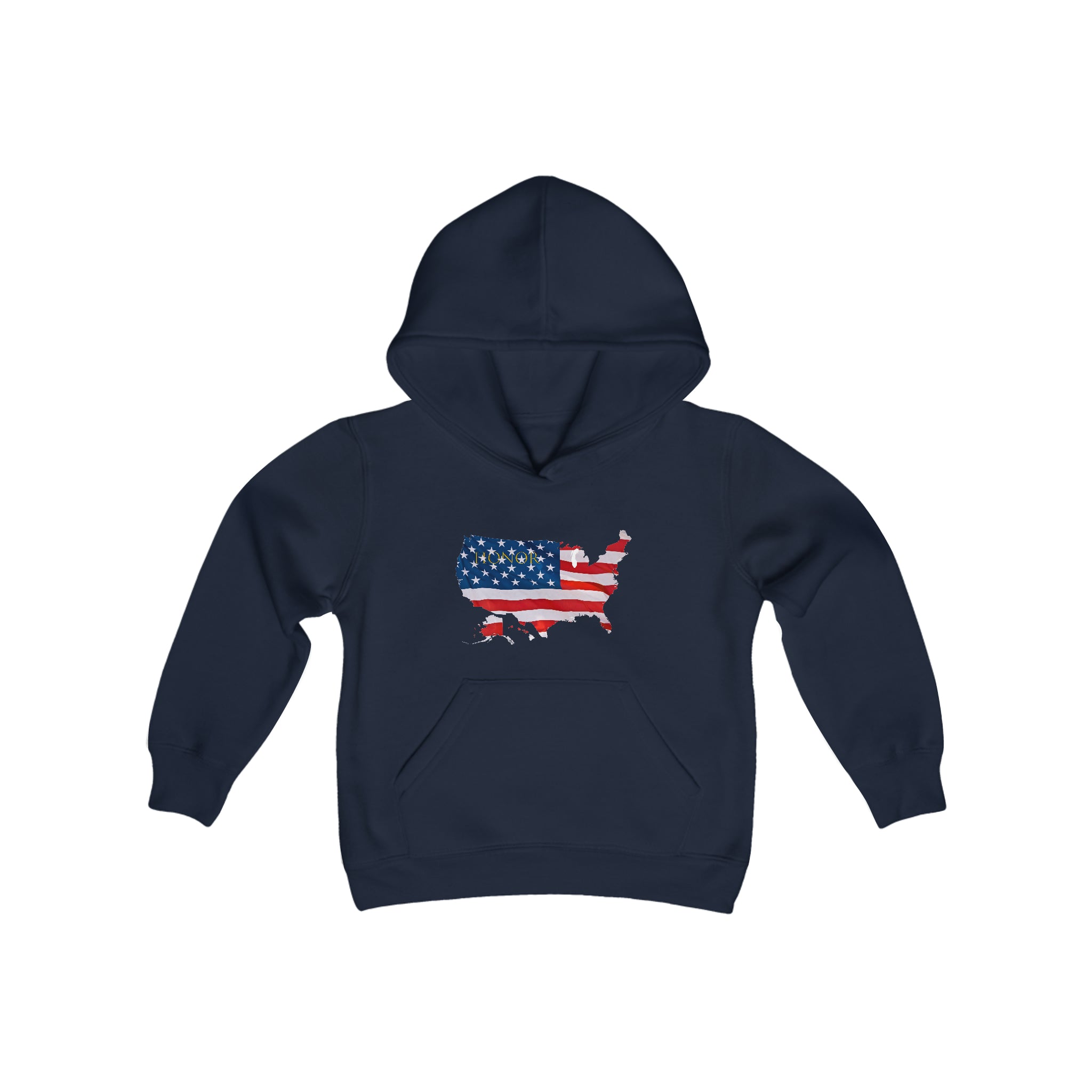 Youth unisex navy hoodie with "Honor USA" inspired American as a Flag graphic on front.