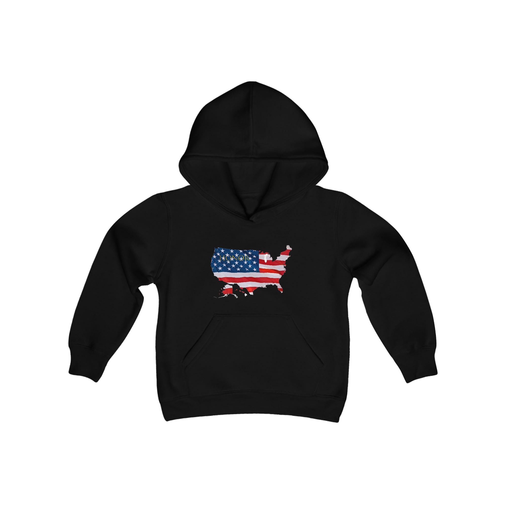 Youth unisex black hoodie with "Honor USA" inspired American as a Flag graphic on front.