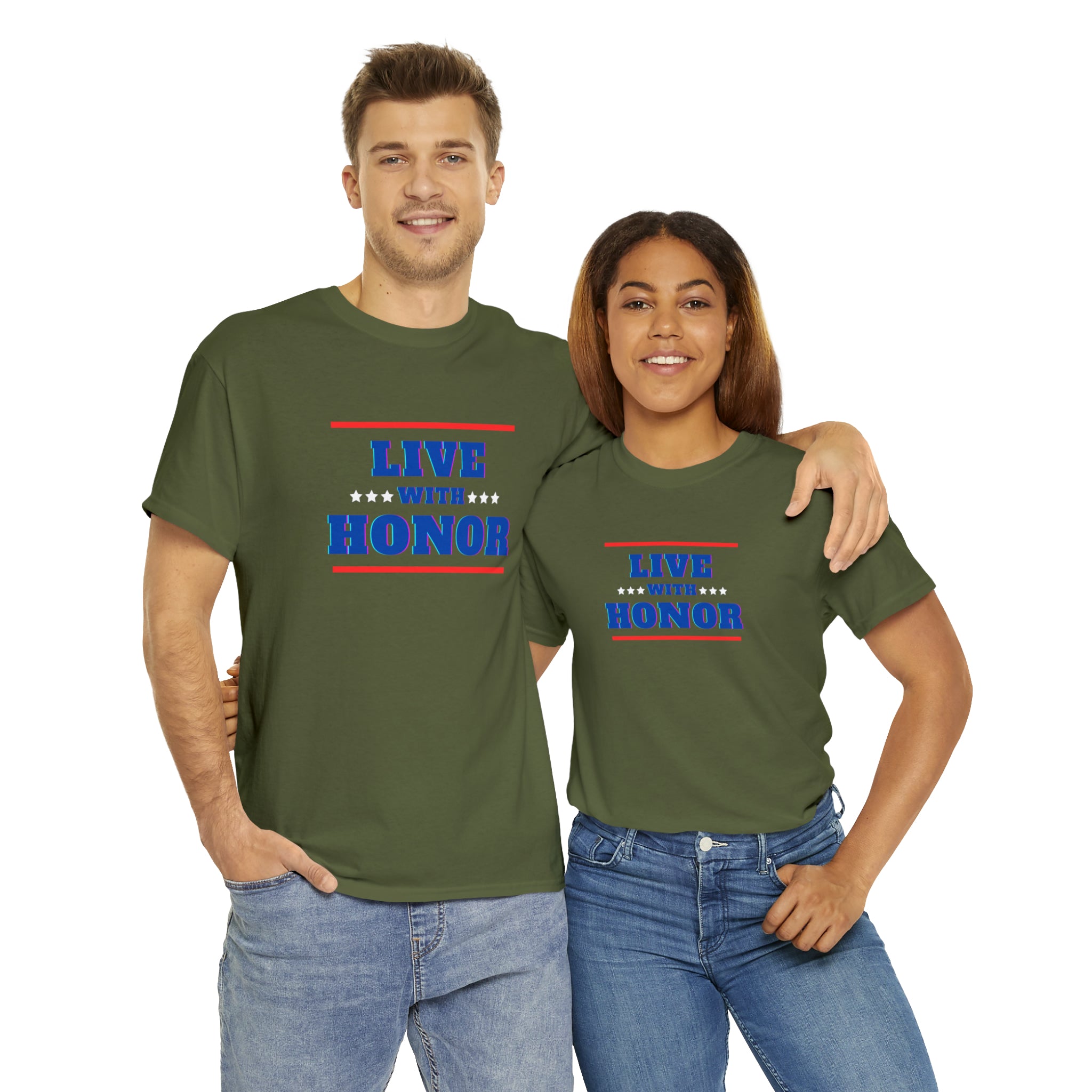 Adult male & female wearing army green T-Shirt " Live With Honor" inspired images