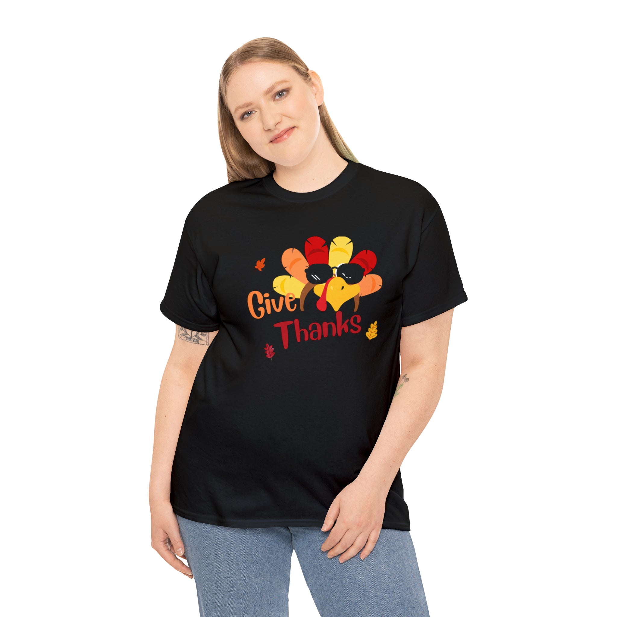 Adult women black T-Shirt " Give Thanks" with Turkey head on front.