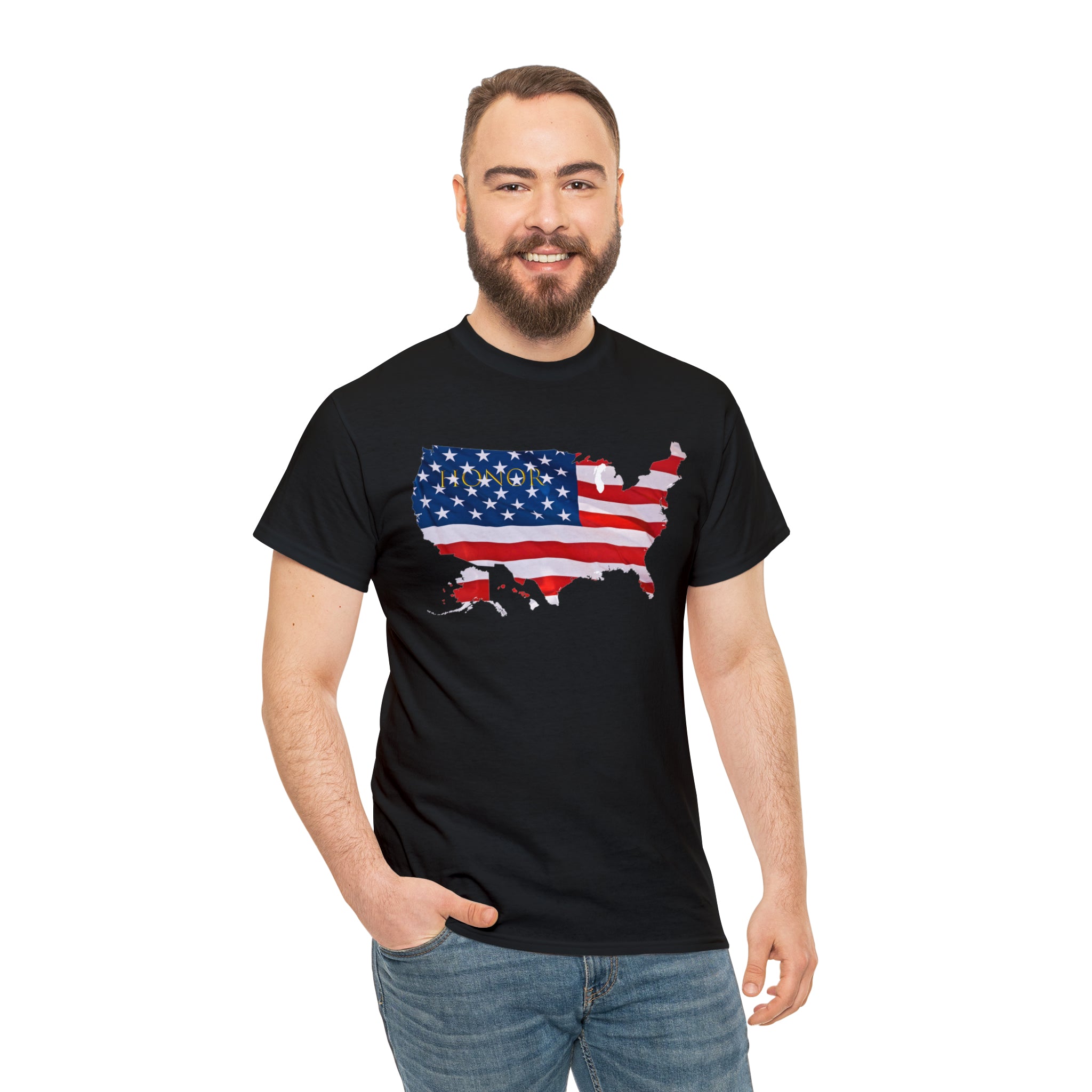 Adult Male wearing black T-Shirt with "Honor USA" inspired American as a Flag graphic on front.