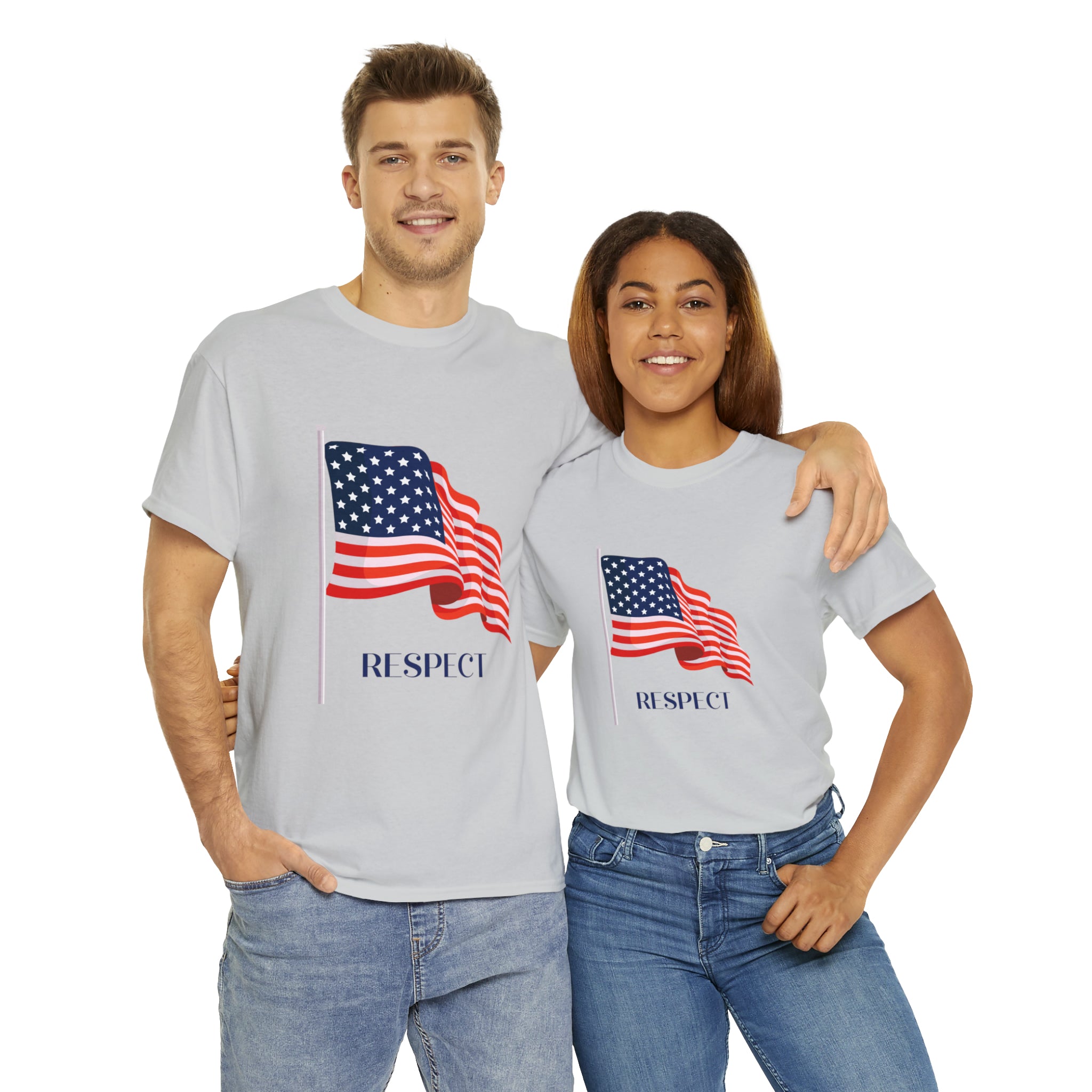 Adult Man & Women wearing charcoal T-Shirt " Respect" American flag on front.