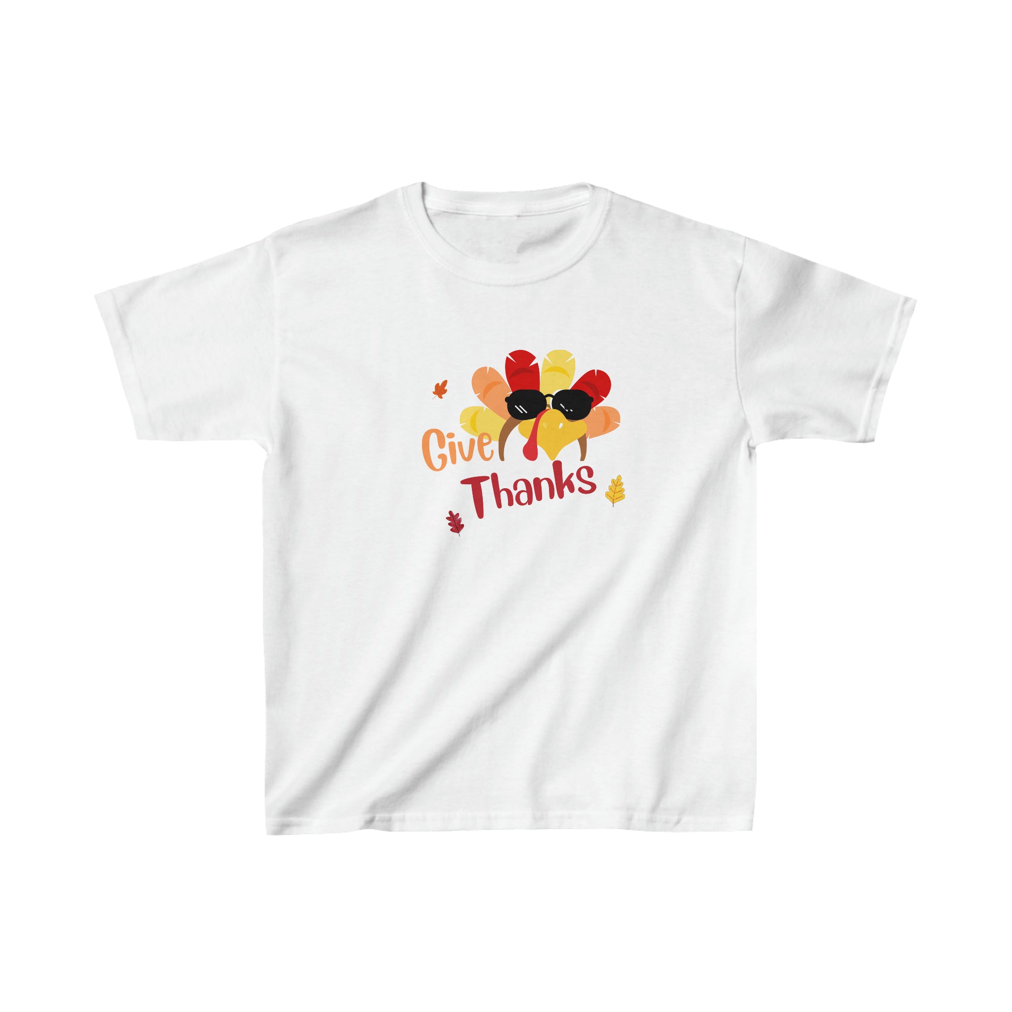 Youth unisex white T-Shirt " Give Thanks" with Turkey head on front.