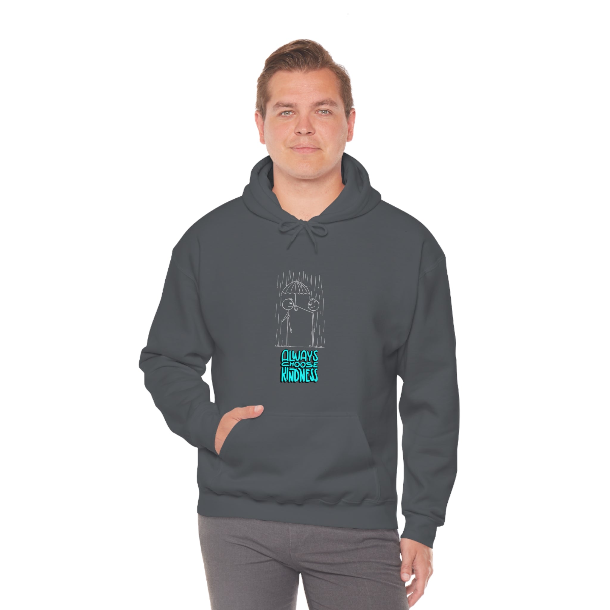 Adult Male wearing charcoal colored hoodie with "Always Choose Kindness" inspired graphic.