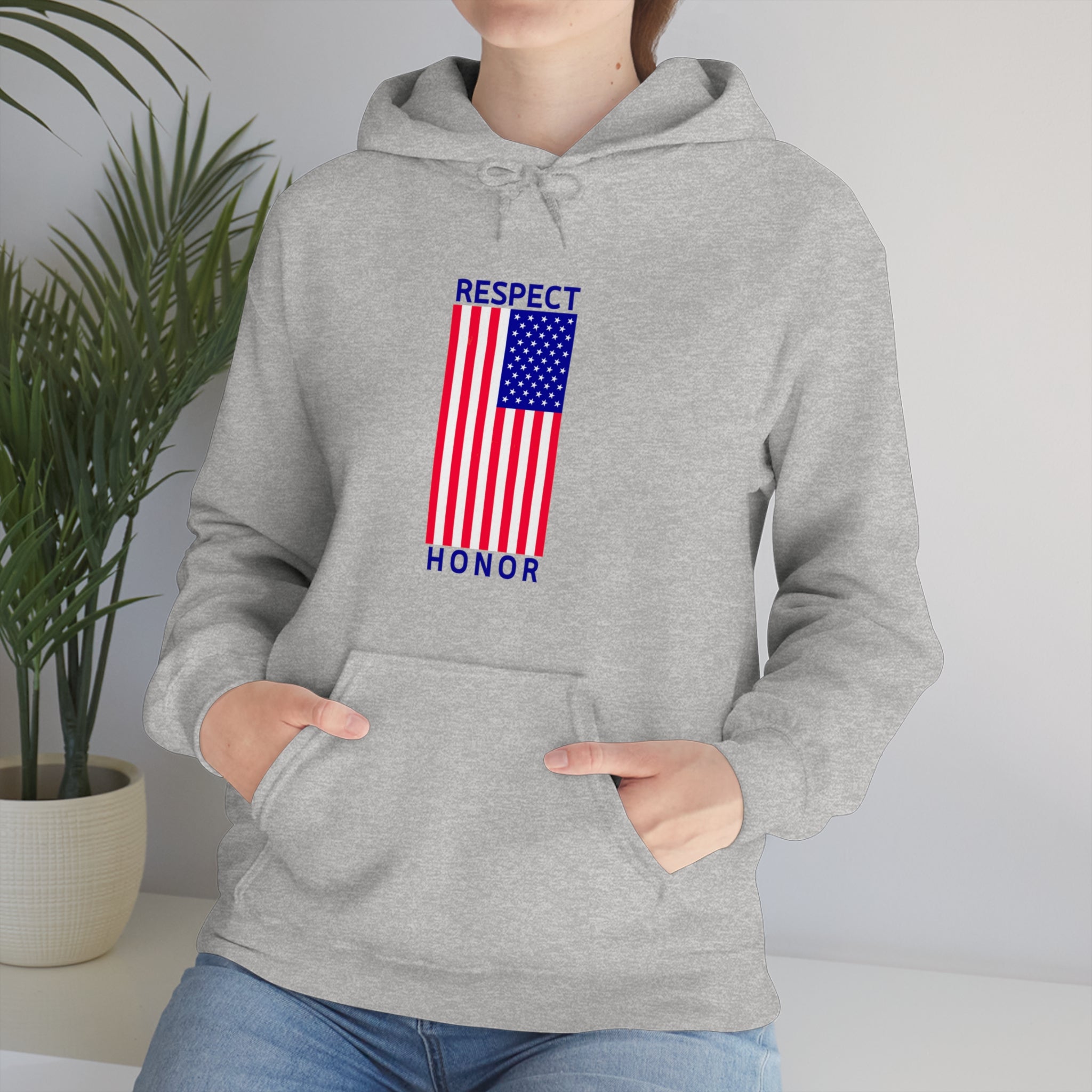 Adult female front view wearing sports grey hoodie with "Respect Honor" Inspired Classic American Flag on front.