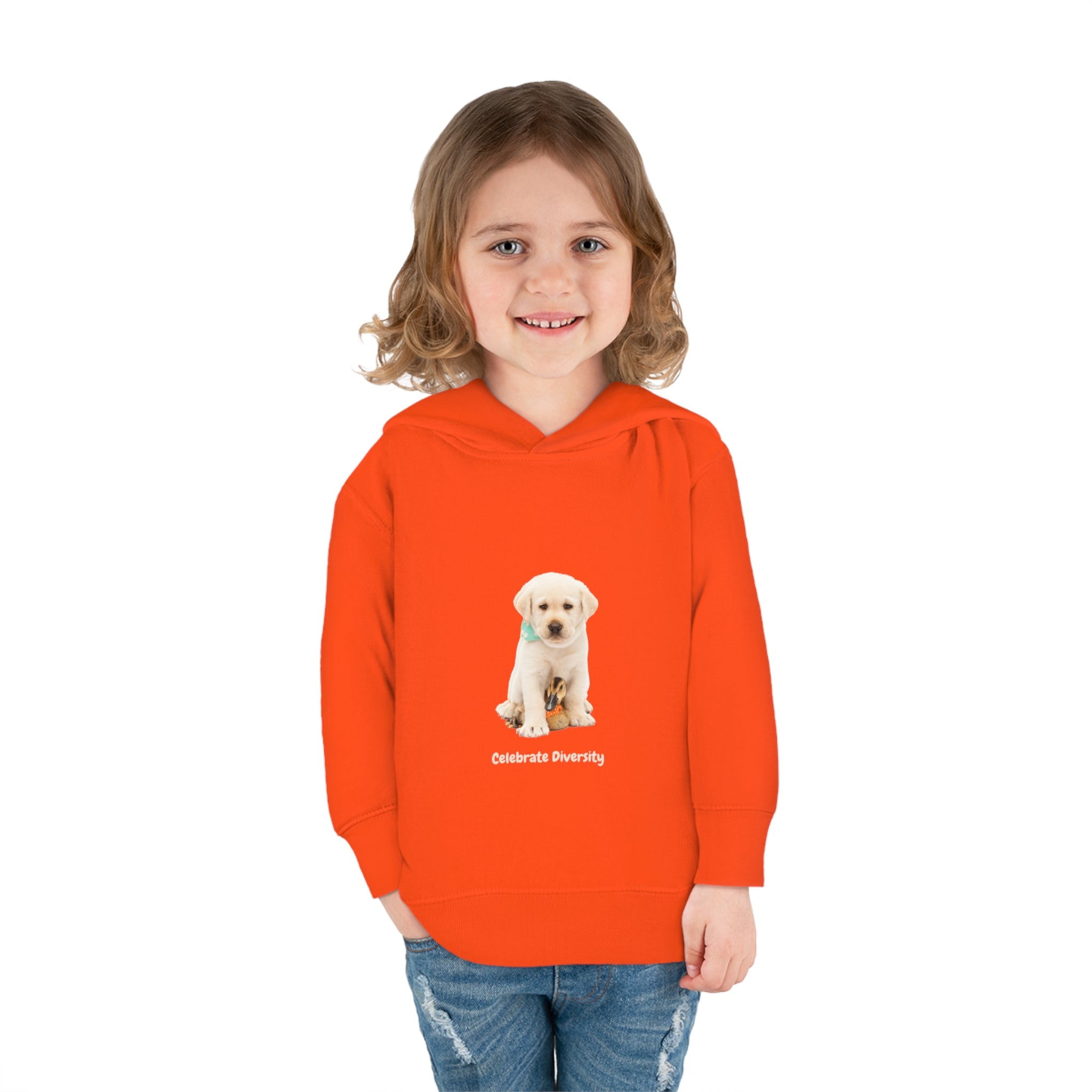 Toddler girl wearing orange unisex hoodie with "Celebrate Diversity" inspired graphic with puppy and duck on front.
