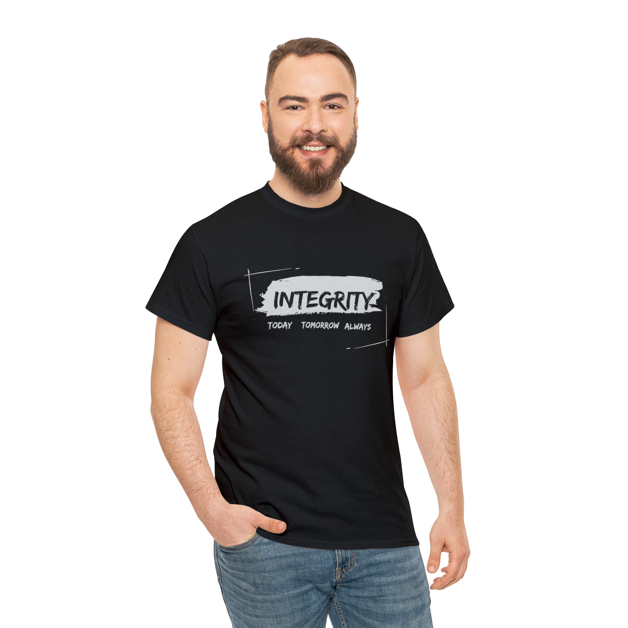 Adult man wearing black T-Shirt " Integrity Today Tomorrow Always" inspired image.