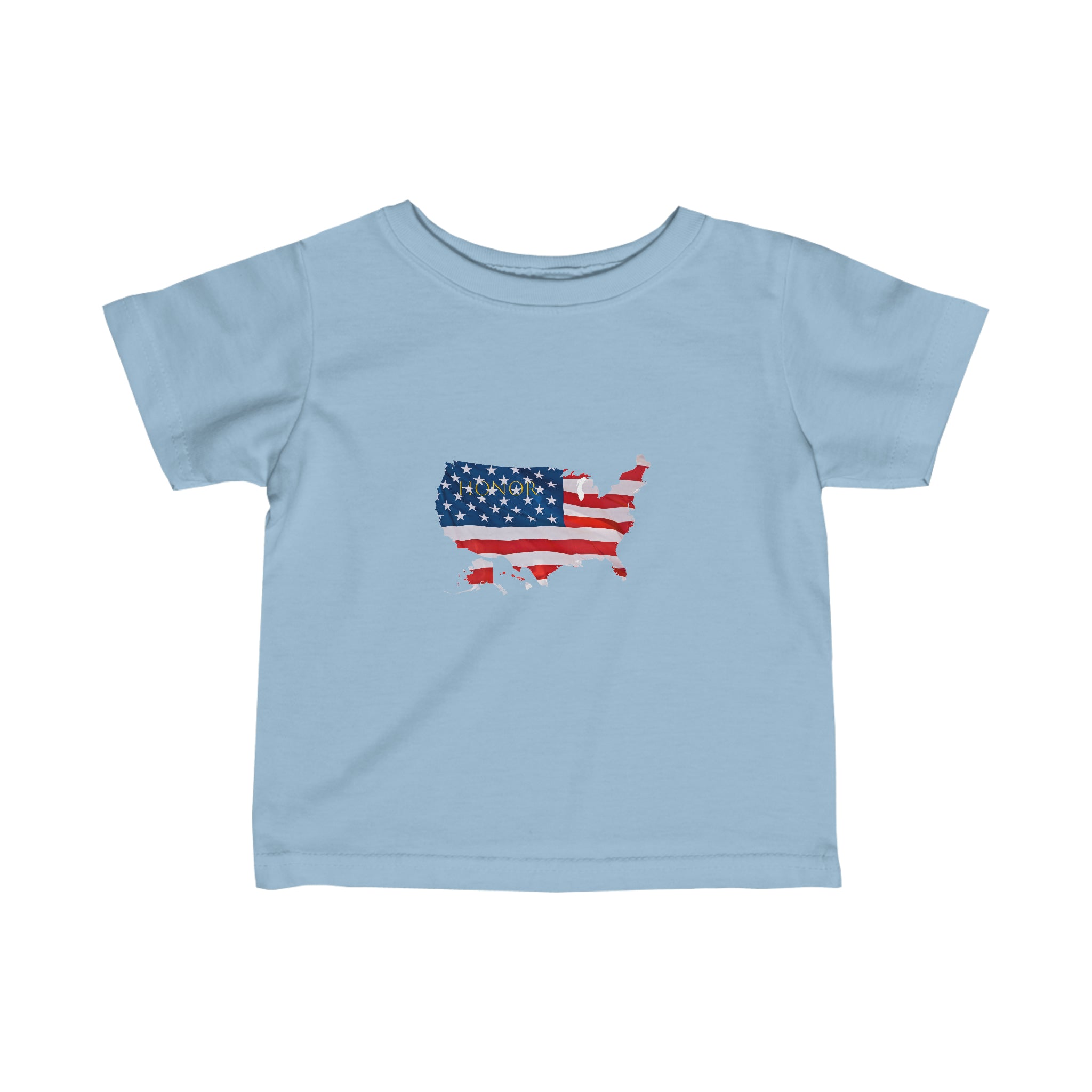 Infant unisex light blue T-Shirt with "Honor USA" inspired American as a Flag graphic on front.