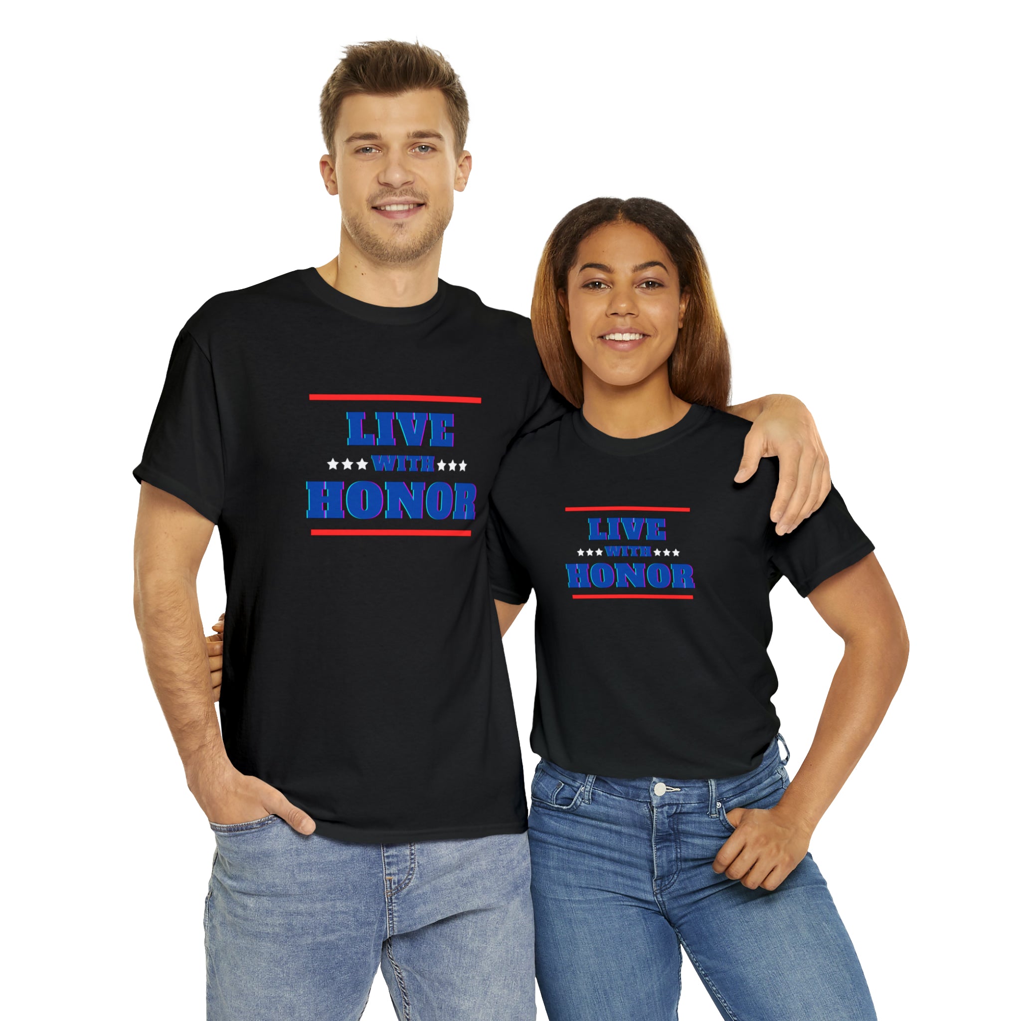 Adult male & female wearing black T-Shirt " Live With Honor" inspired images