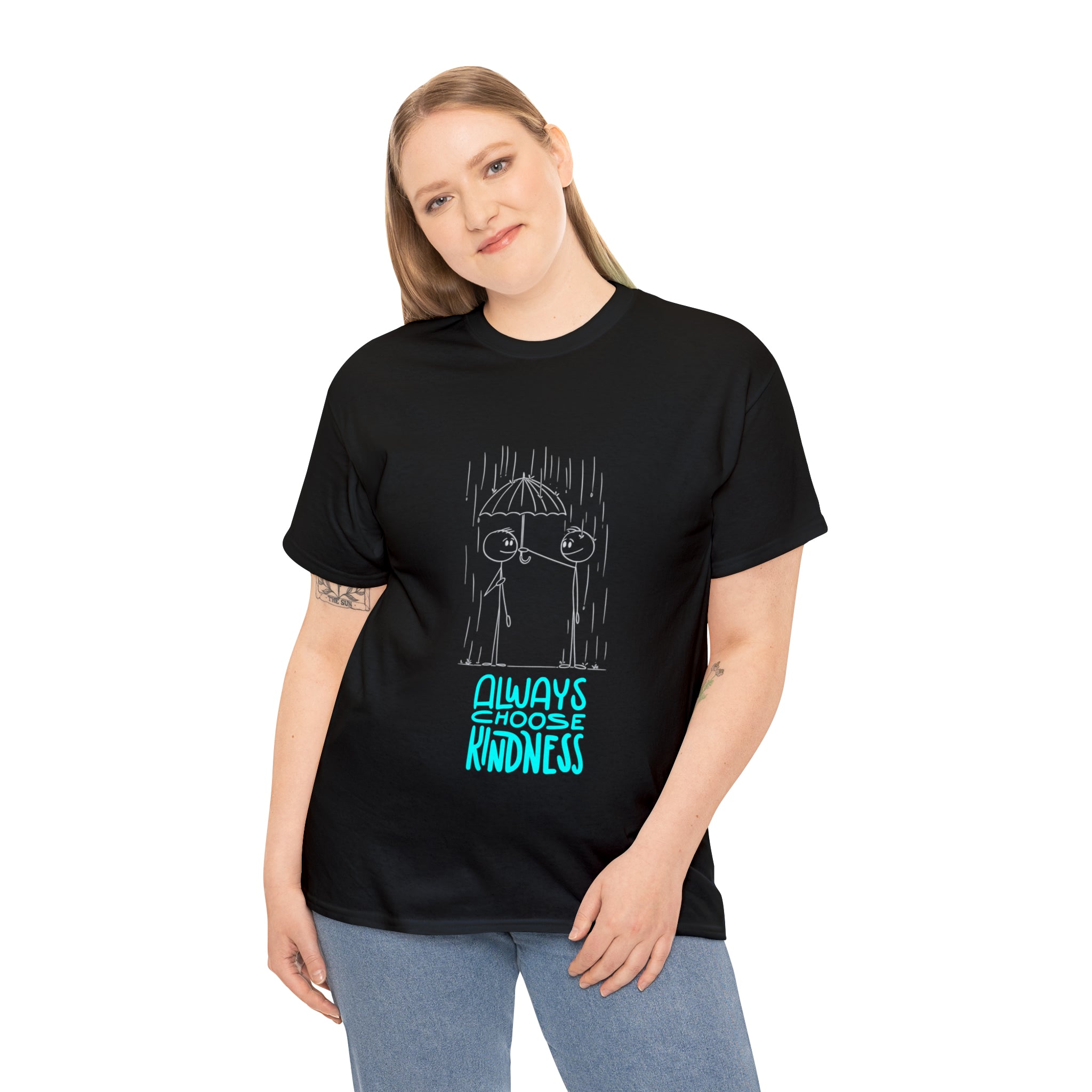 Adult female wearing black T-shirt with "Always choose kindness" Motivational image on front.