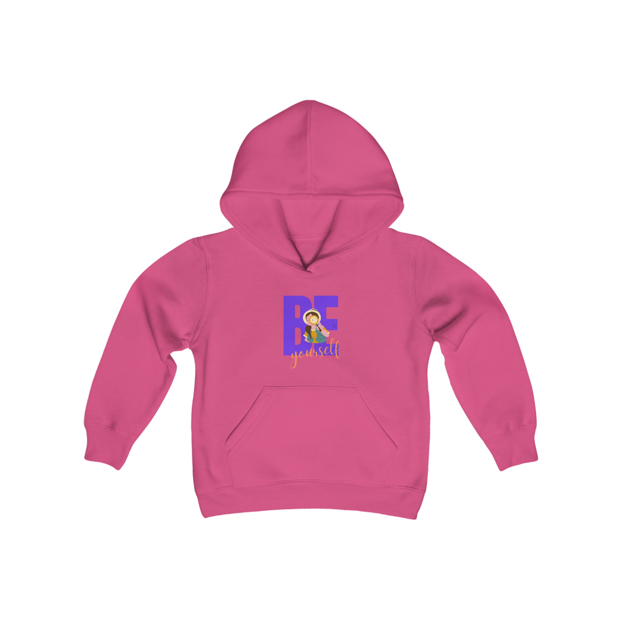 Youth Girl heliconia hoodie with " Be Yourself" Motivational Graphic on front.