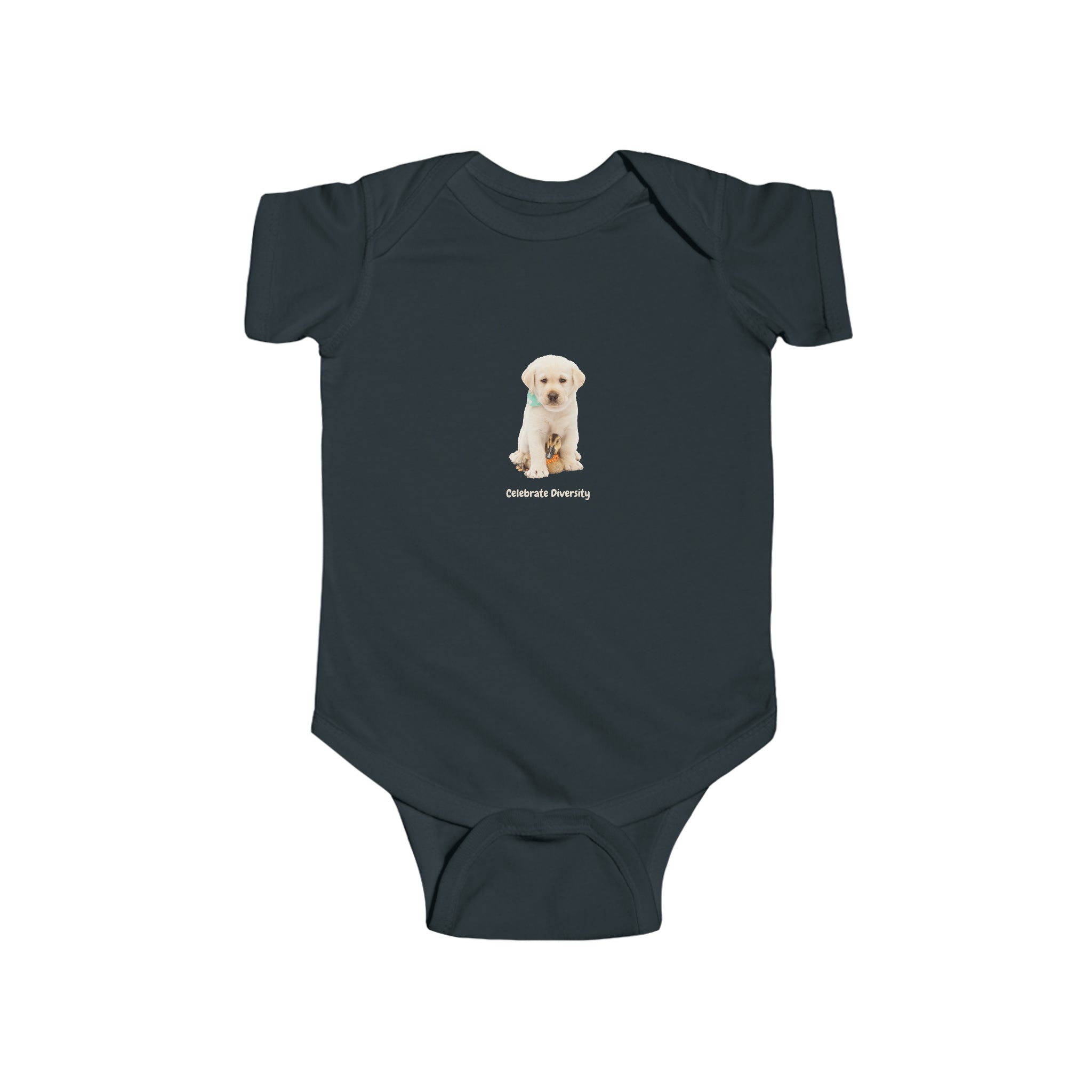 Infant unisex black onesie with "Celebrate Diversity" inspired graphic with puppy and duck on front.